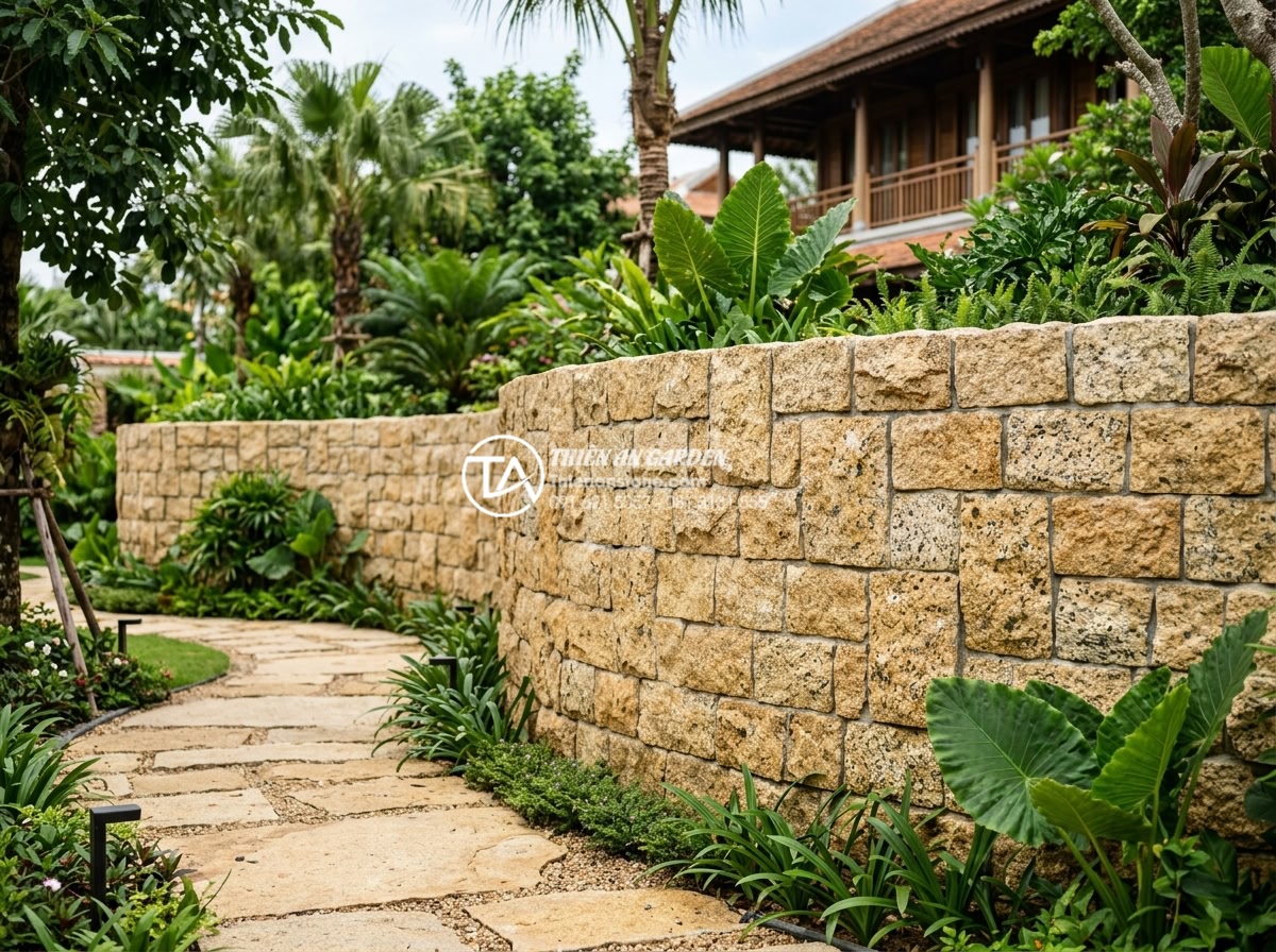 Báo giá đá rối ốp tường 2026: Cập nhật chi phí vật tư và nhân công - Professional team from Da Canh Thien An company at a completed luxury stone wall