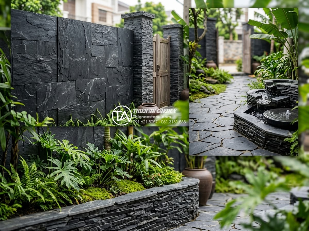 Báo giá đá rối ốp tường 2026: Cập nhật chi phí vật tư và nhân công - Company logo and portfolio showcase of various stone landscape projects includin