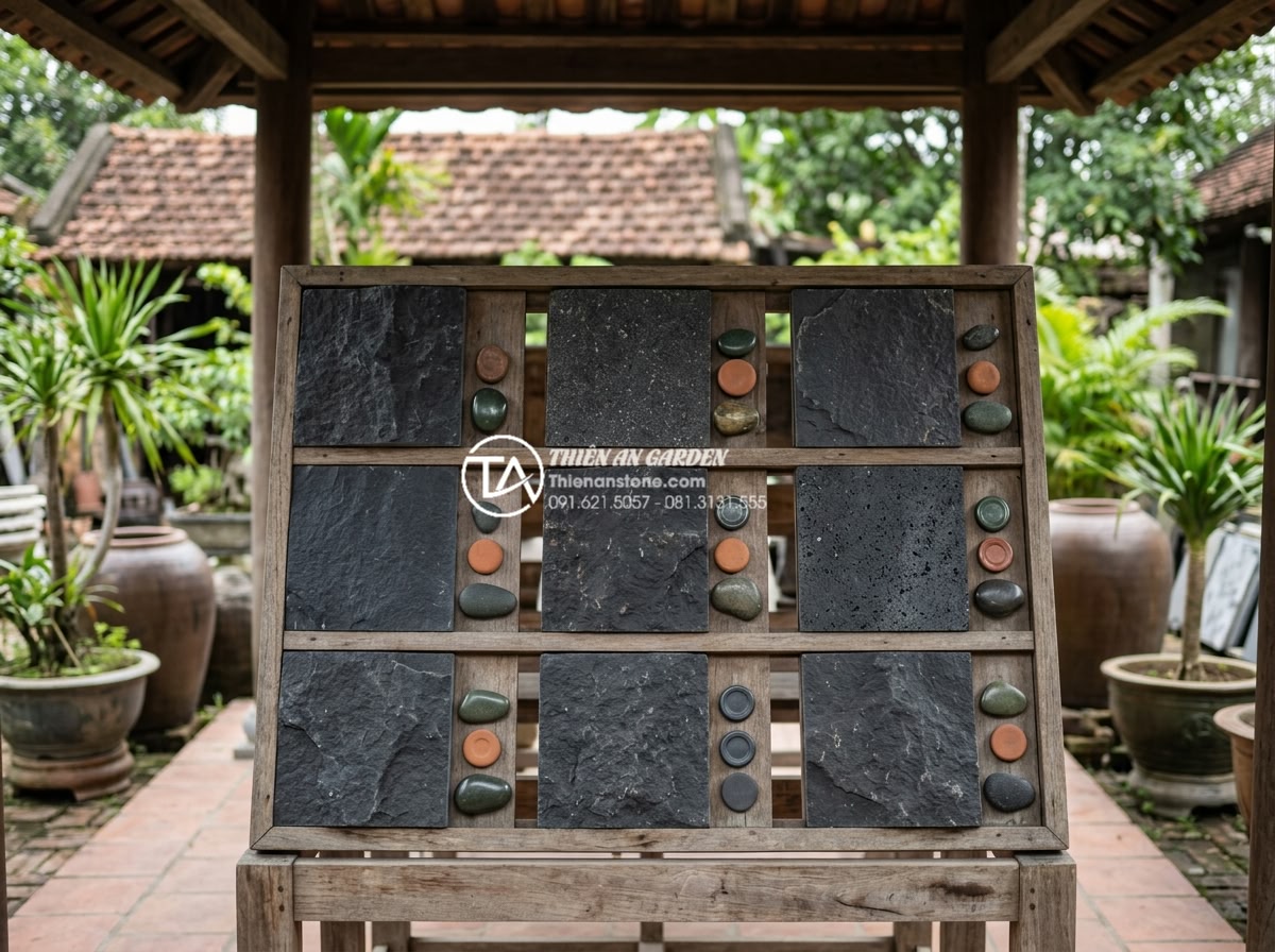 Báo giá đá rối ốp tường 2026: Cập nhật chi phí vật tư và nhân công - Realistic pricing table visualization with samples of different stone types and 