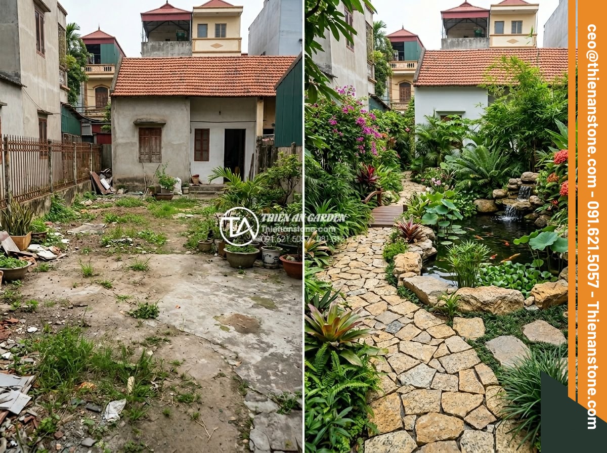 Báo giá thi công đá rối trọn gói: Những yếu tố ảnh hưởng đến giá - Before and after transformation of a plain backyard into a stunning natural ston
