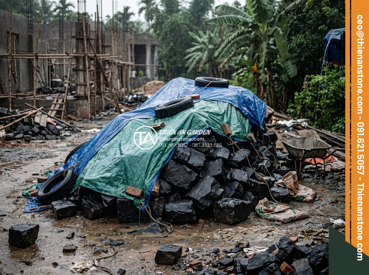 Báo giá thi công đá rối trọn gói: Những yếu tố ảnh hưởng đến giá - Weather-affected construction site with chaotic stones covered by protective tar