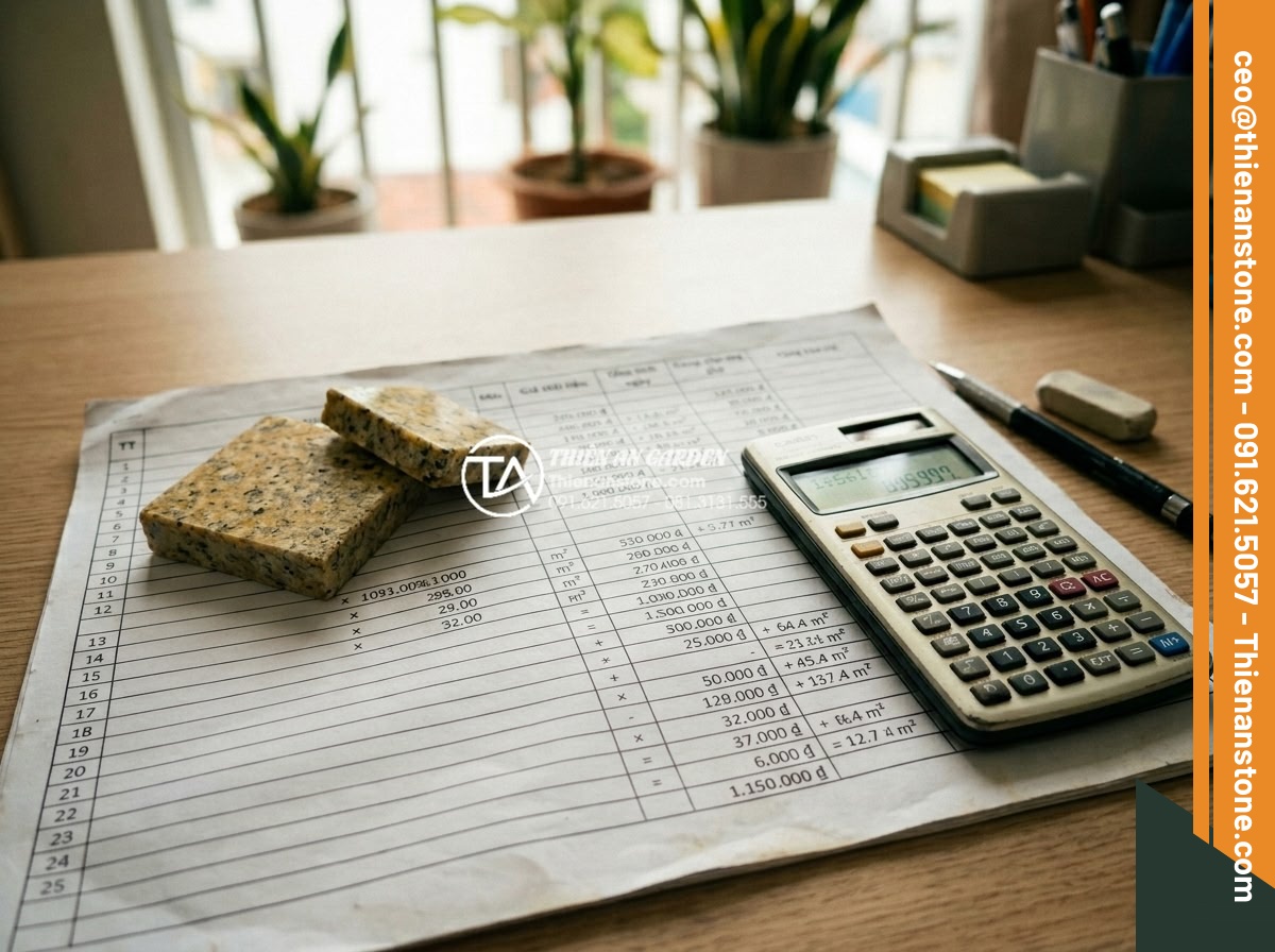 Báo giá thi công đá rối trọn gói: Những yếu tố ảnh hưởng đến giá - Professional spreadsheet and calculator showing detailed cost calculation for ch