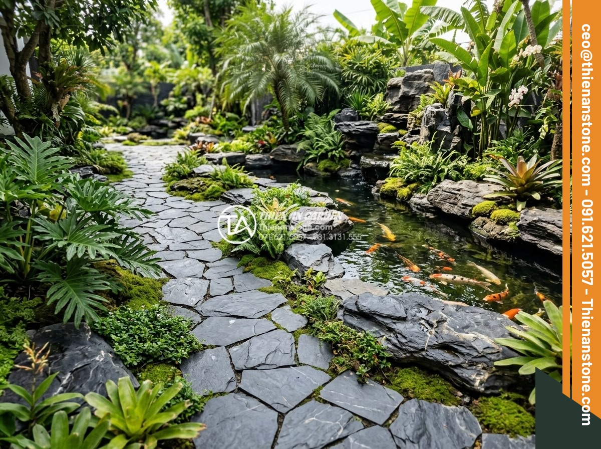 Báo giá thi công đá rối trọn gói: Những yếu tố ảnh hưởng đến giá - Wide angle shot of a beautifully landscaped tropical garden featuring natural ch