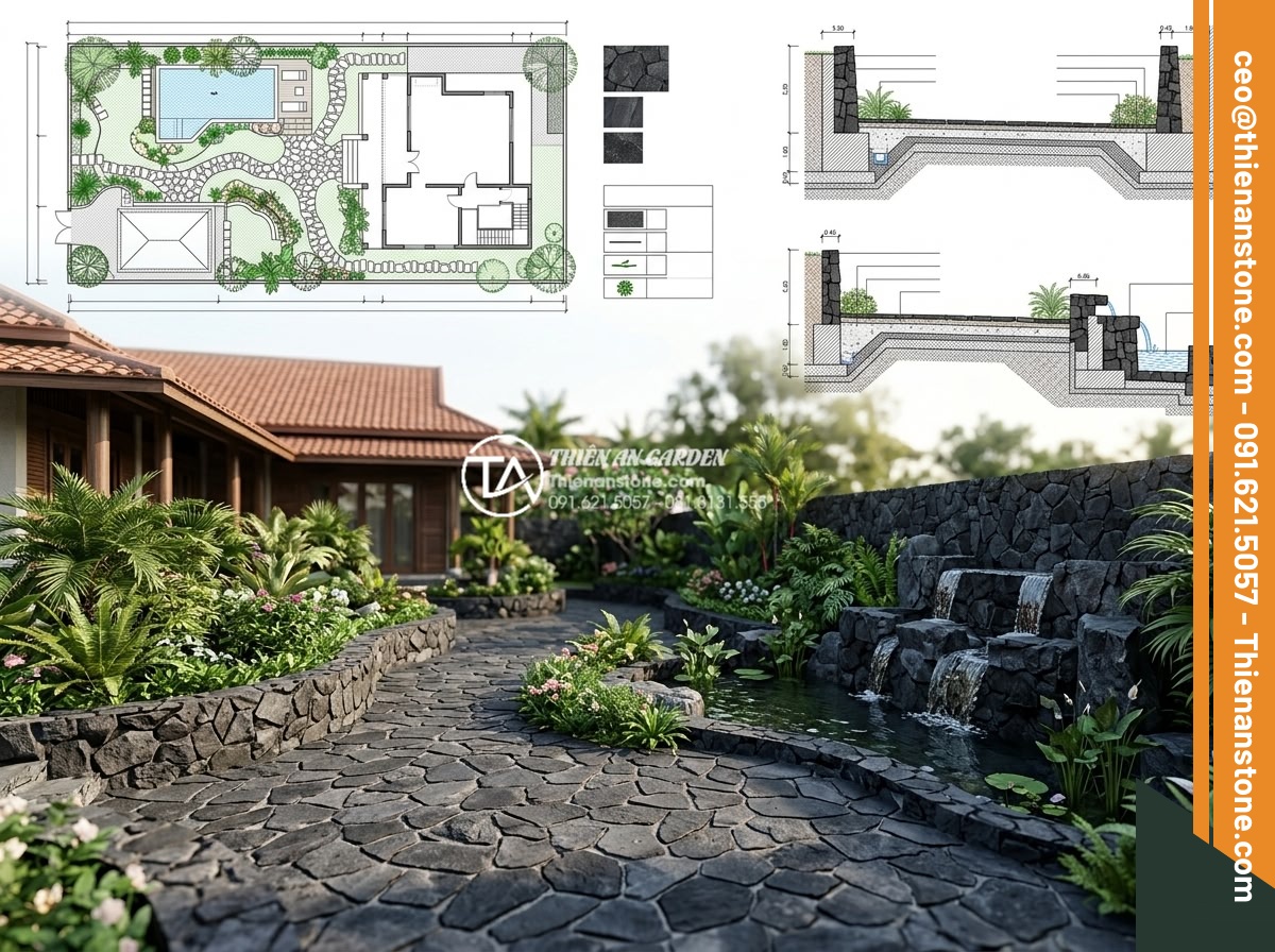 Báo giá thi công đá rối trọn gói: Những yếu tố ảnh hưởng đến giá - Detailed blueprint and 3D rendering of a luxury villa garden project using chaot