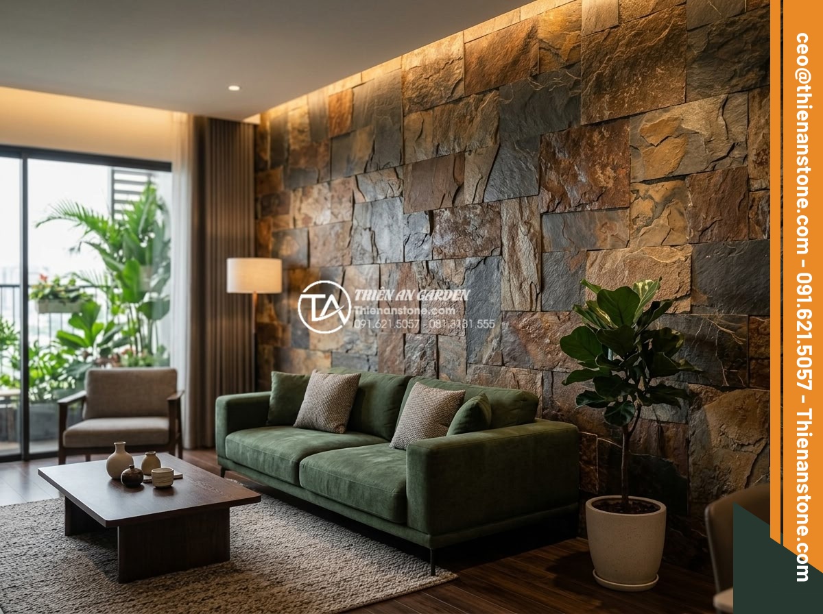 Báo giá thi công đá rối trọn gói: Những yếu tố ảnh hưởng đến giá - Interior wall feature using irregular natural stones as decorative cladding in a