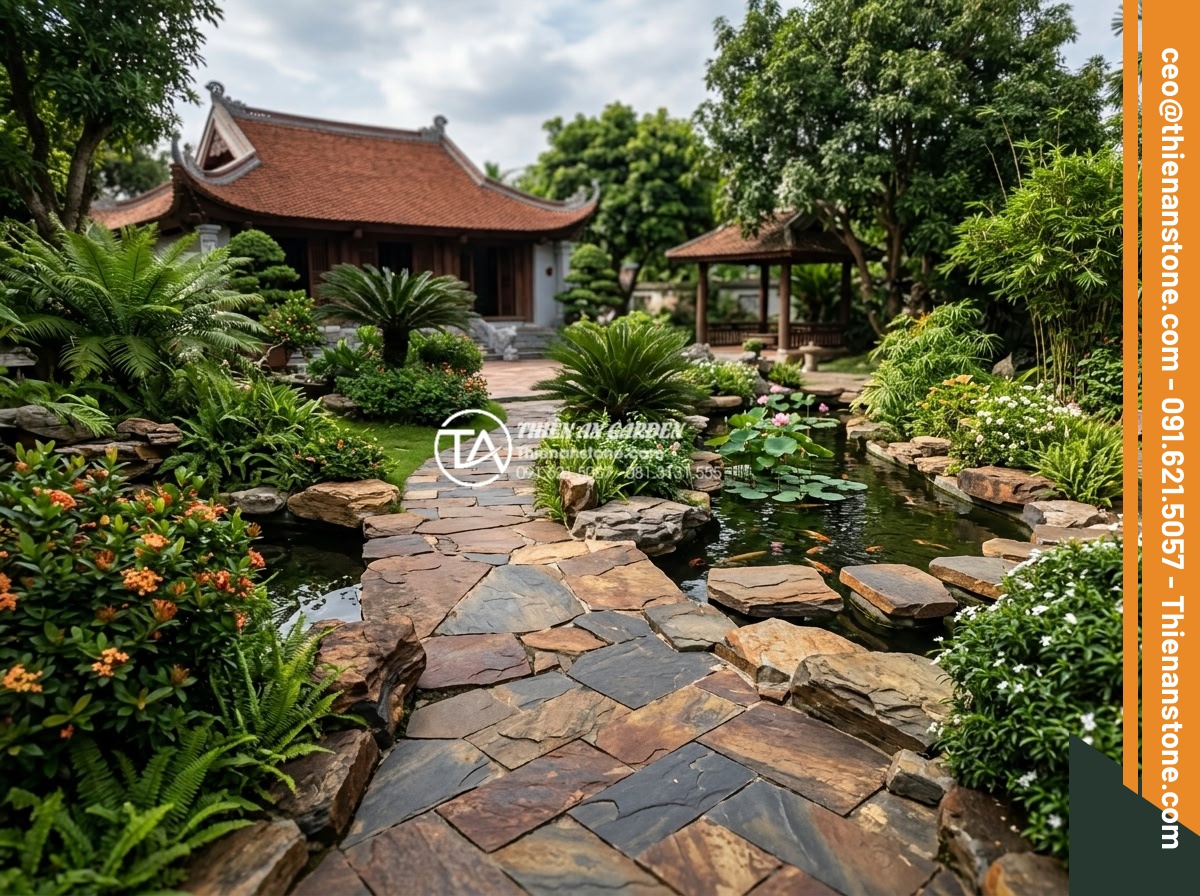 Cách chọn màu đá rối hợp mệnh gia chủ trong kiến trúc - Beautiful final overview of complete Feng Shui garden featuring various colored 