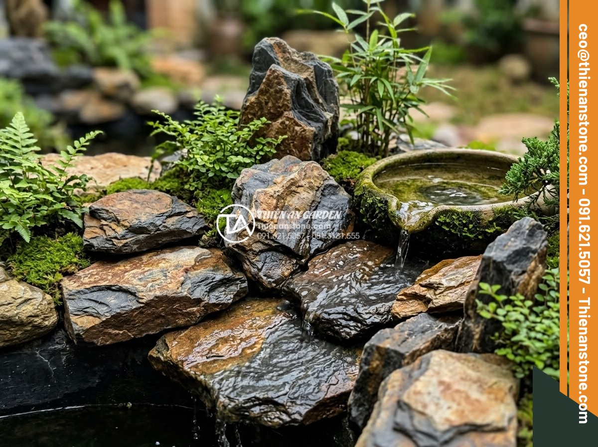 Cách chọn màu đá rối hợp mệnh gia chủ trong kiến trúc - Close-up of black and yellow rubble stones in balanced Feng Shui garden design w