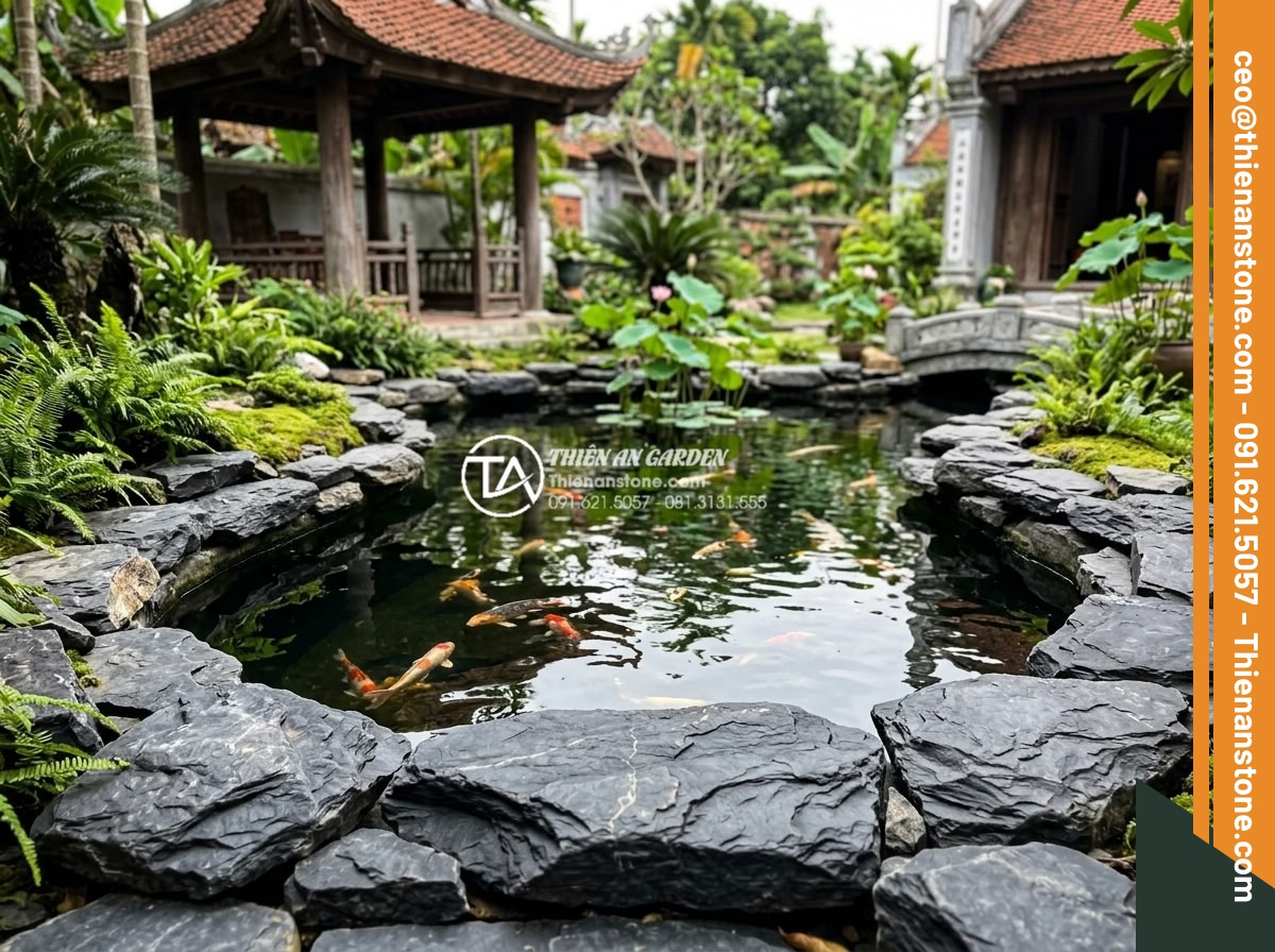 Cách chọn màu đá rối hợp mệnh gia chủ trong kiến trúc - Golden yellow rubble stones surrounding a koi pond in harmonious architectural l