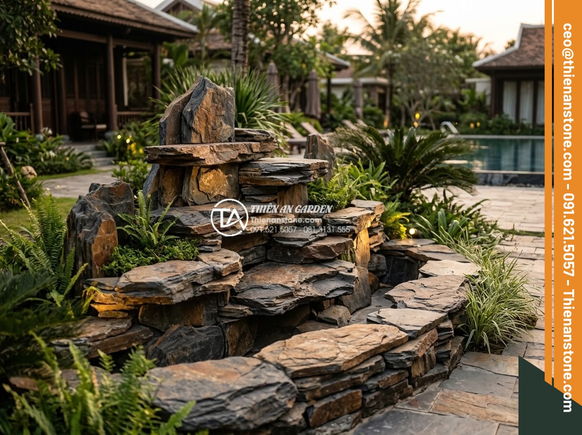 Cách chọn màu đá rối hợp mệnh gia chủ trong kiến trúc - Black rubble stones forming artistic rockery in luxury resort landscape with eve