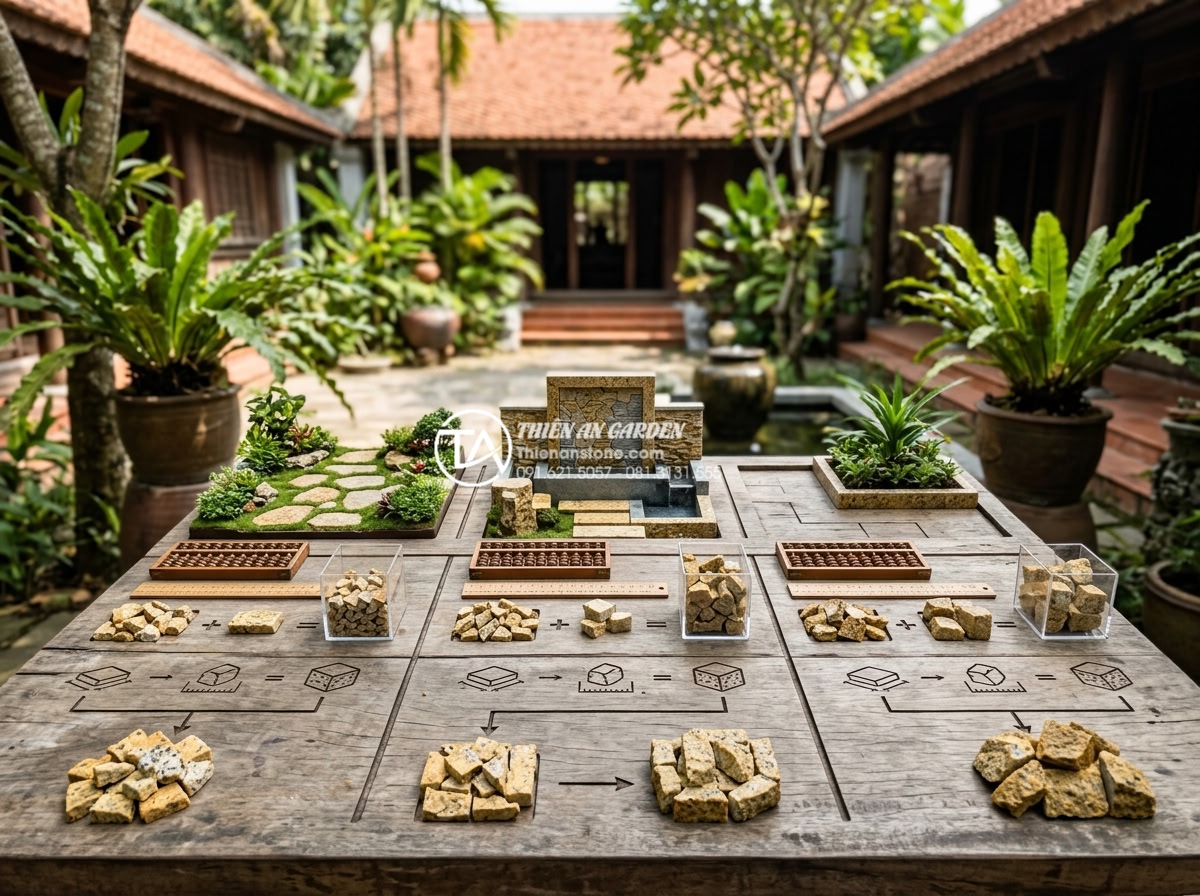 Cách tính định mức đá rối trên 1m2 để dự toán ngân sách chính xác - Infographic table with examples of stone quota calculations applied to real gard