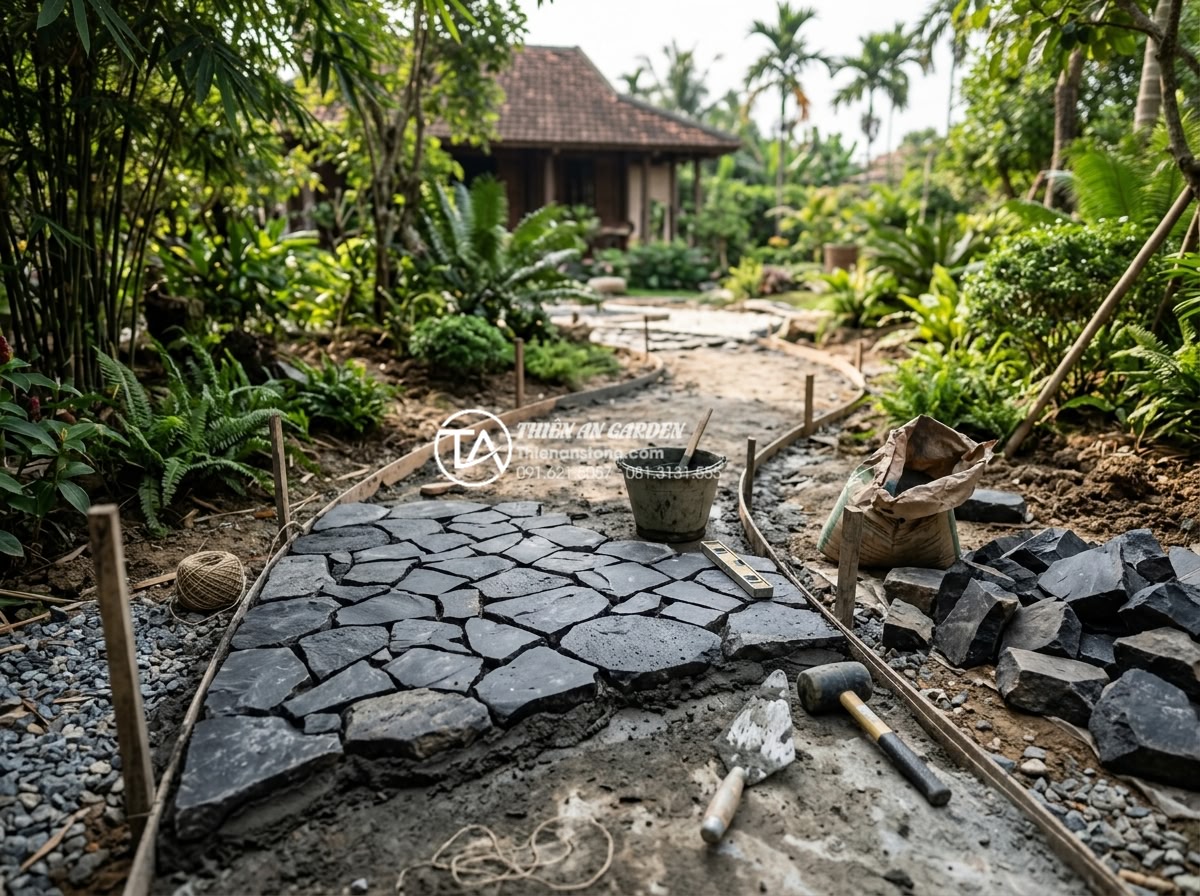 Cách tính định mức đá rối trên 1m2 để dự toán ngân sách chính xác - Expert team of workers carefully installing calculated amounts of natural decora