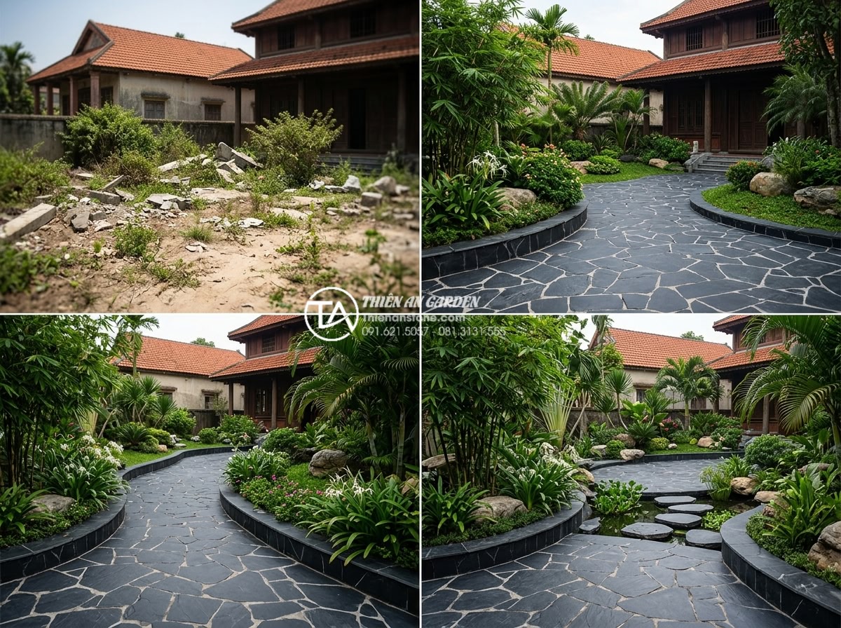Cách tính định mức đá rối trên 1m2 để dự toán ngân sách chính xác - Case study before-after images of a 500 square meter luxury villa garden project