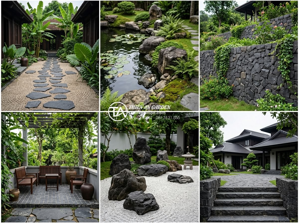 Cách tính định mức đá rối trên 1m2 để dự toán ngân sách chính xác - Success story collage of multiple completed landscape projects with natural rối 