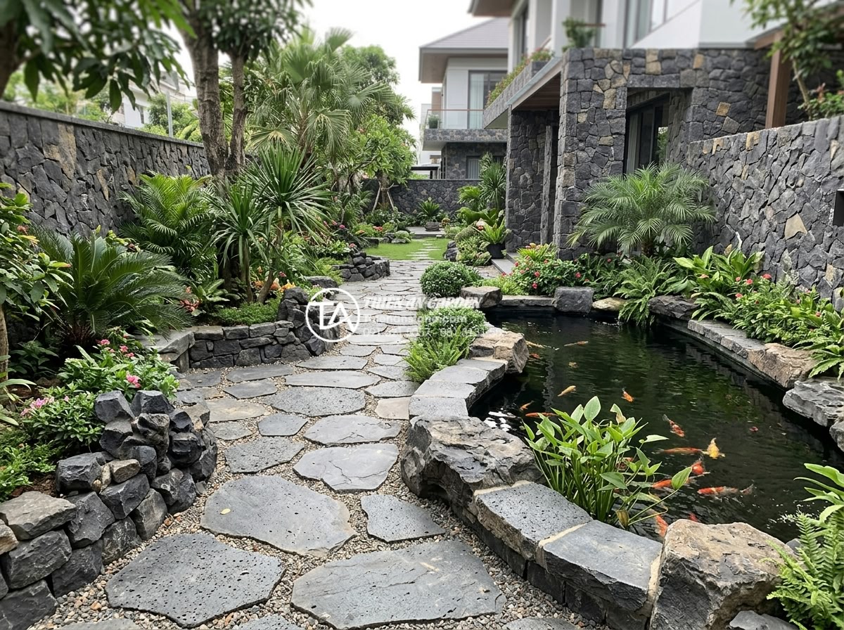 Cách tính định mức đá rối trên 1m2 để dự toán ngân sách chính xác - Wide-angle view of a luxurious Vietnamese villa garden featuring decorative natu