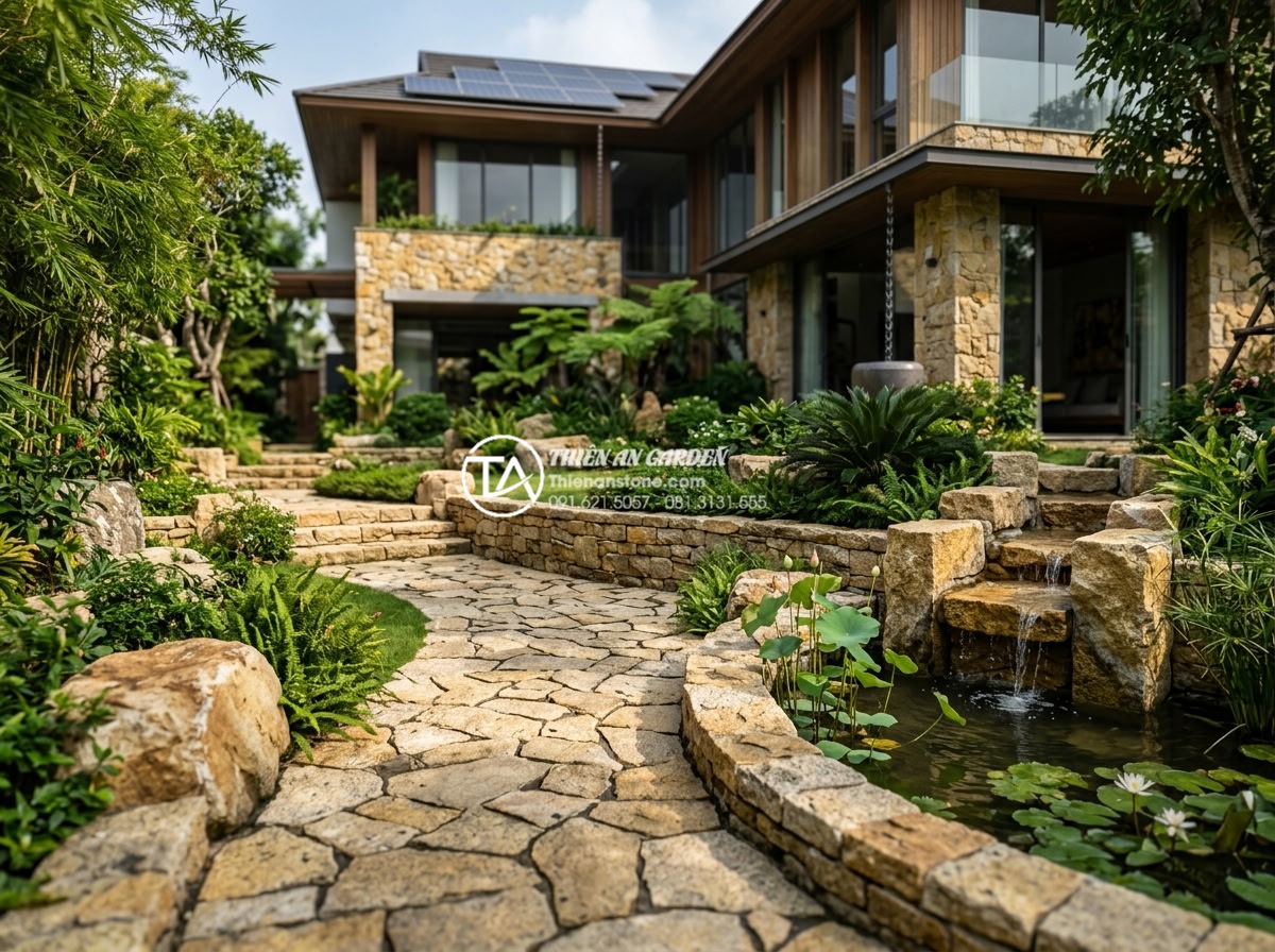 Cách tính định mức đá rối trên 1m2 để dự toán ngân sách chính xác - Visionary concept art of future garden and villa designs prominently using premi