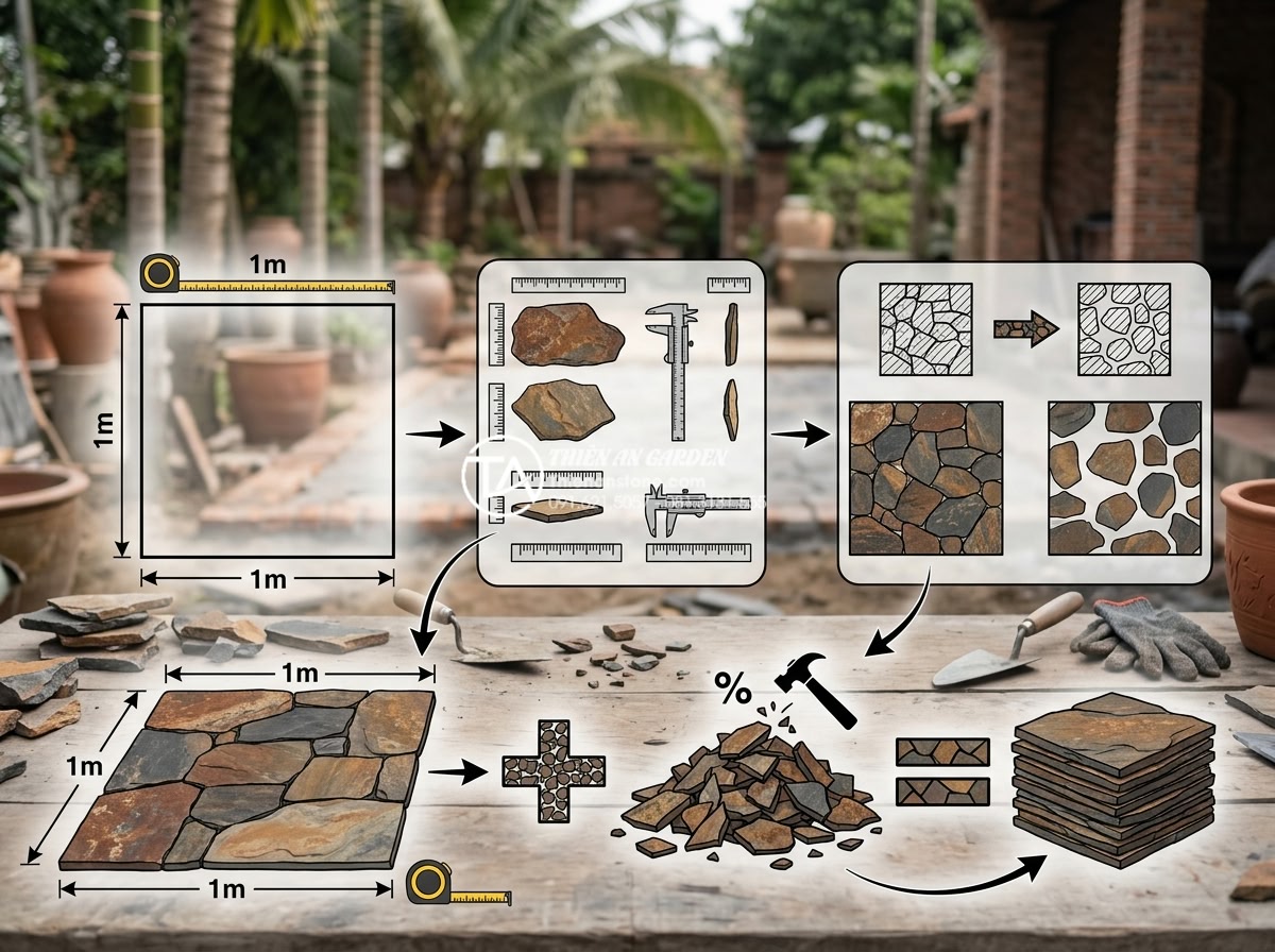 Cách tính định mức đá rối trên 1m2 để dự toán ngân sách chính xác - Technical diagram illustration showing calculation of decorative stone quota per