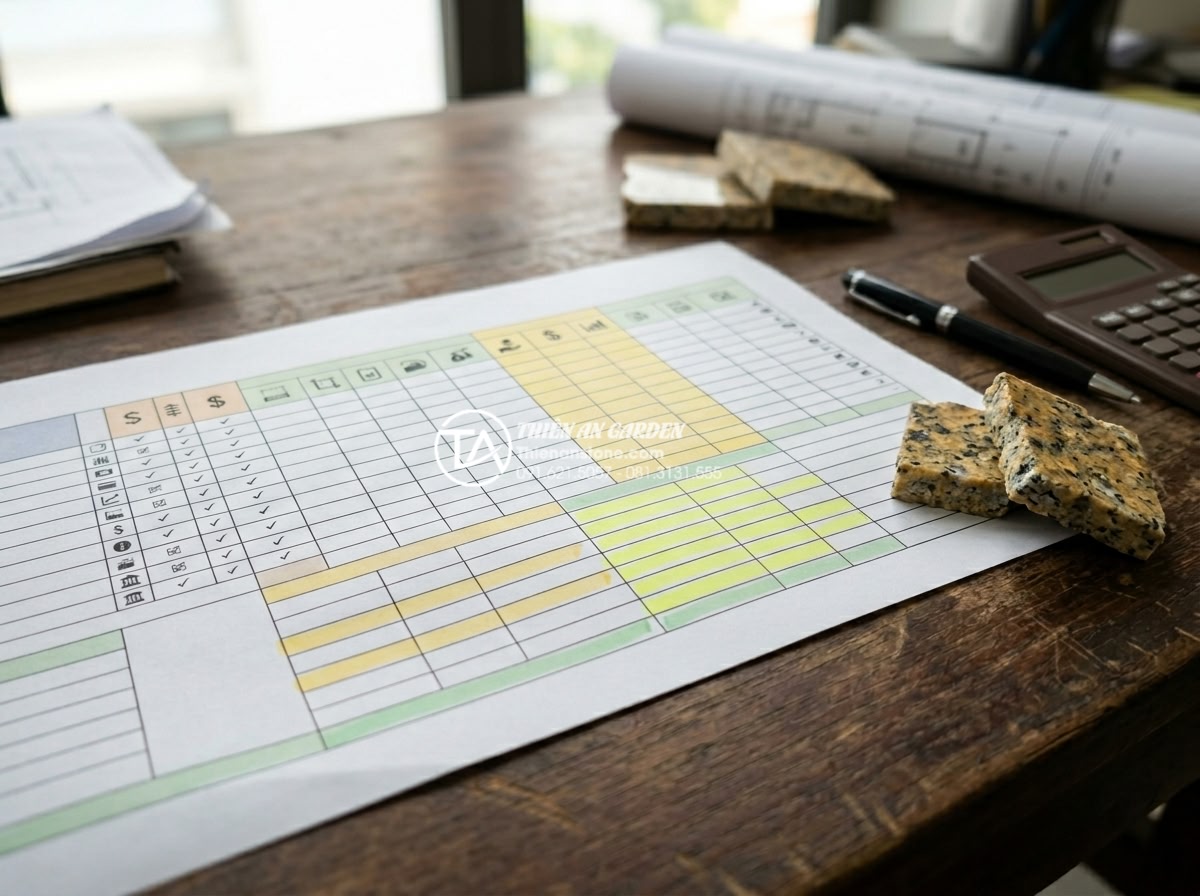 Cách tính định mức đá rối trên 1m2 để dự toán ngân sách chính xác - Professional budget planning spreadsheet with highlighted stone quota calculatio