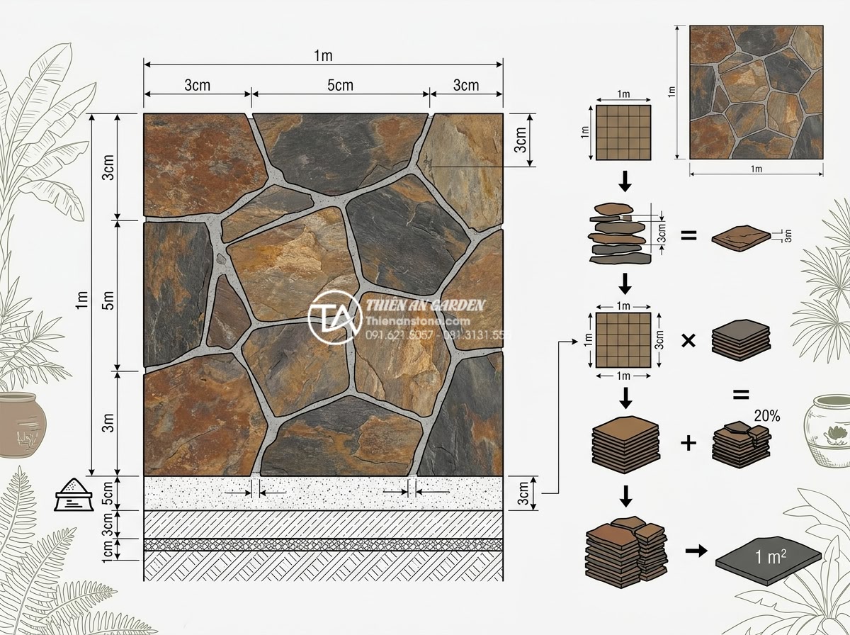 Cách tính định mức đá rối trên 1m2 để dự toán ngân sách chính xác - Detailed schematic drawing and calculation formula for determining decorative st