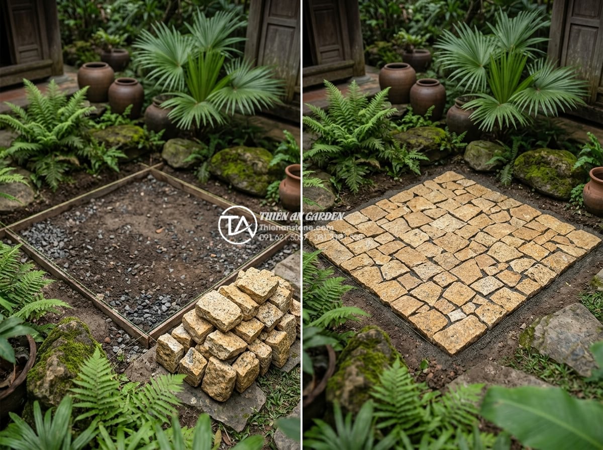 Cách tính định mức đá rối trên 1m2 để dự toán ngân sách chính xác - Before and after photos of garden floor installation using calculated amounts of