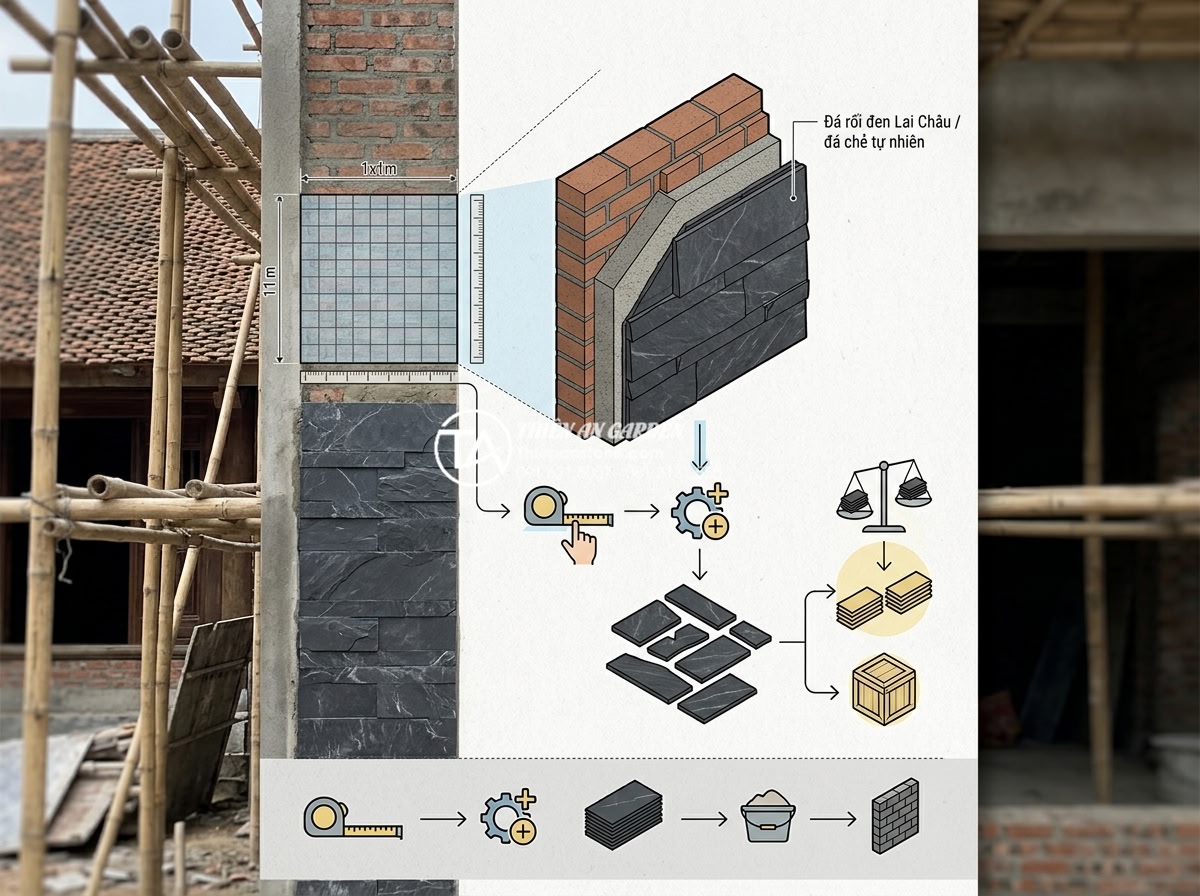 Cách tính định mức đá rối trên 1m2 để dự toán ngân sách chính xác - Architectural diagram of stone wall cladding calculation showing quota per squar