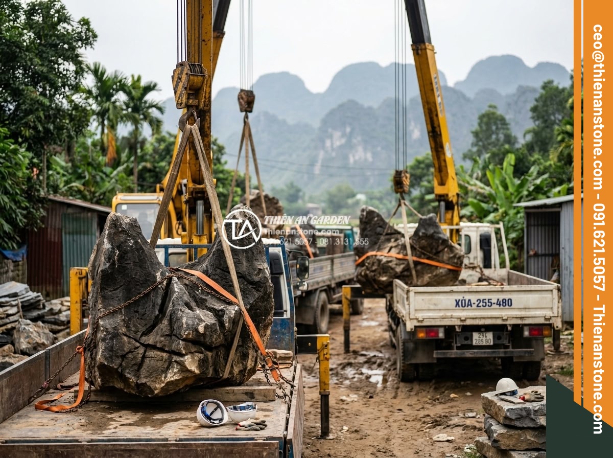 Cách vận chuyển đá tai mèo khối lượng lớn không bị nứt vỡ - Cranes and workers carefully loading large cat ear stones onto trucks using safe