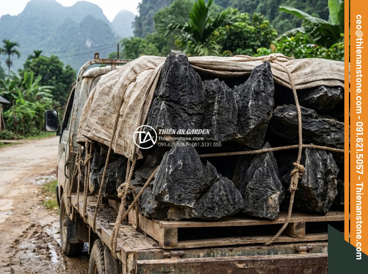 Cách vận chuyển đá tai mèo khối lượng lớn không bị nứt vỡ - Protected cargo of cat ear stones covered and secured for long haul delivery