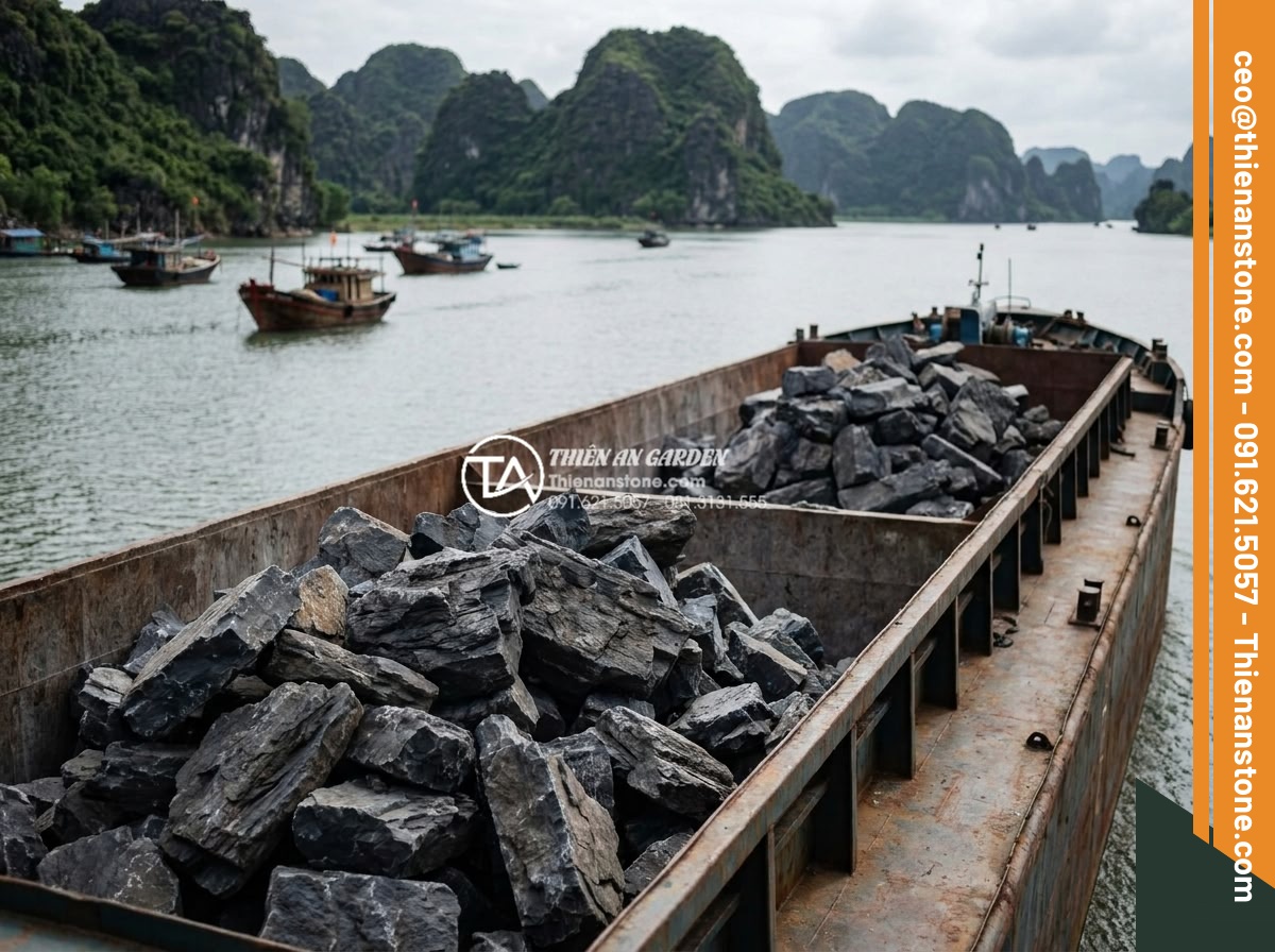 Cách vận chuyển đá tai mèo khối lượng lớn không bị nứt vỡ - Container ship carrying bulk natural stones on water route