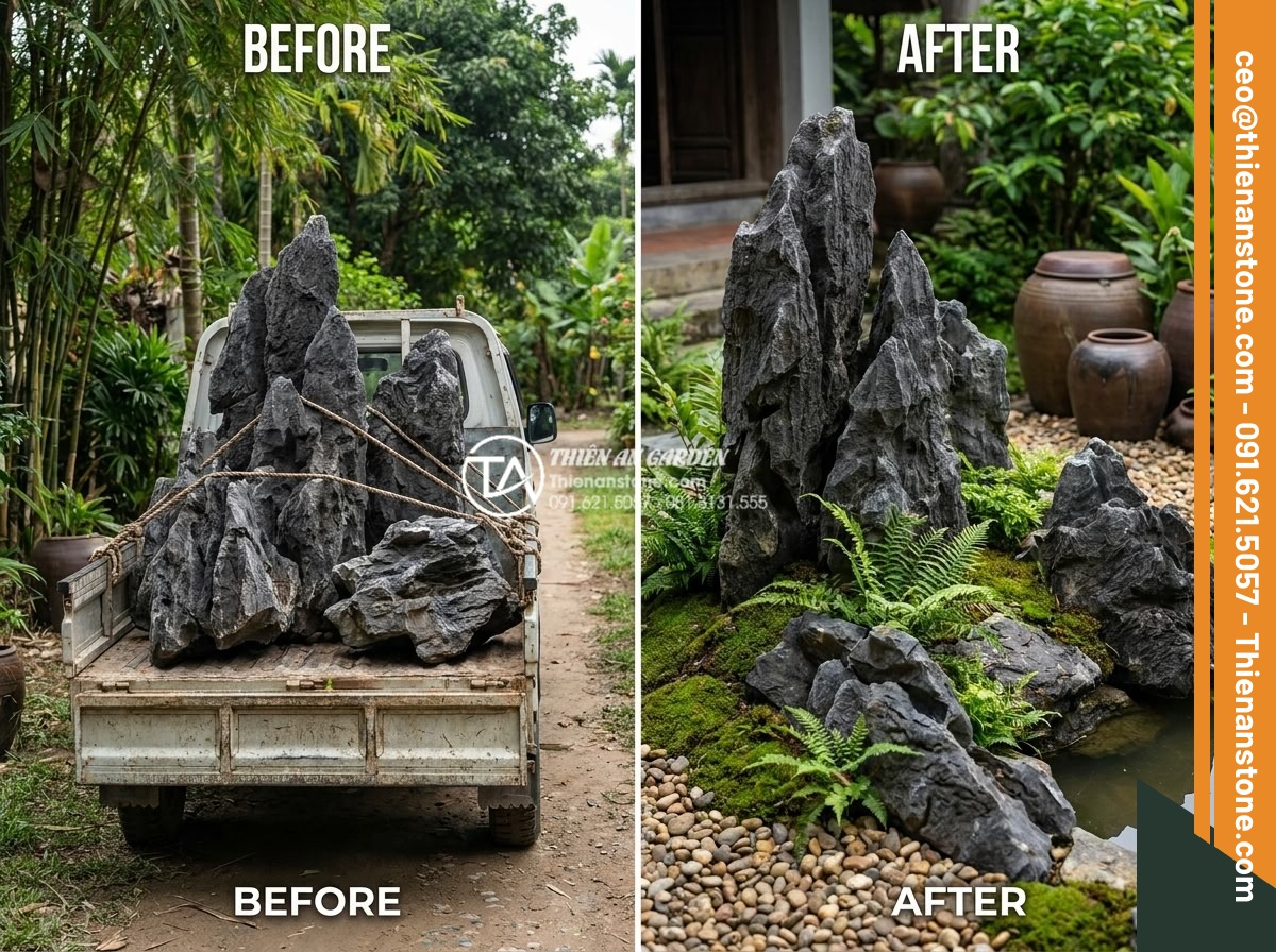 Cách vận chuyển đá tai mèo khối lượng lớn không bị nứt vỡ - Before and after images of safely transported cat ear stones used in garden land
