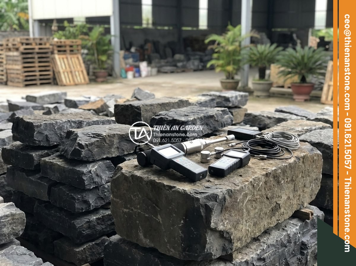 Cách vận chuyển đá tai mèo khối lượng lớn không bị nứt vỡ - Professional team measuring hardness and fragility of large cat ear stones using
