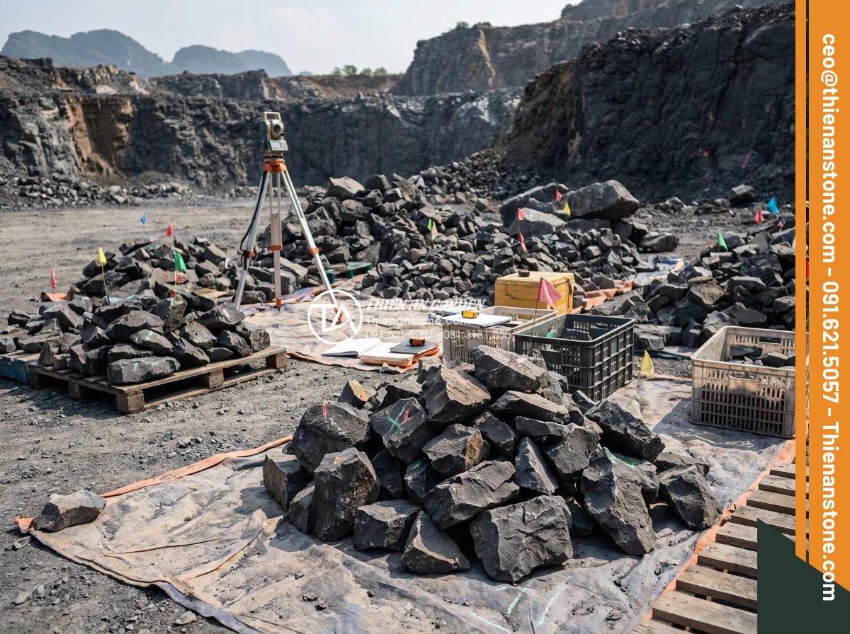 Cách vận chuyển đá tai mèo khối lượng lớn không bị nứt vỡ - Team surveying and classifying large volumes of cat ear stones at quarry before 