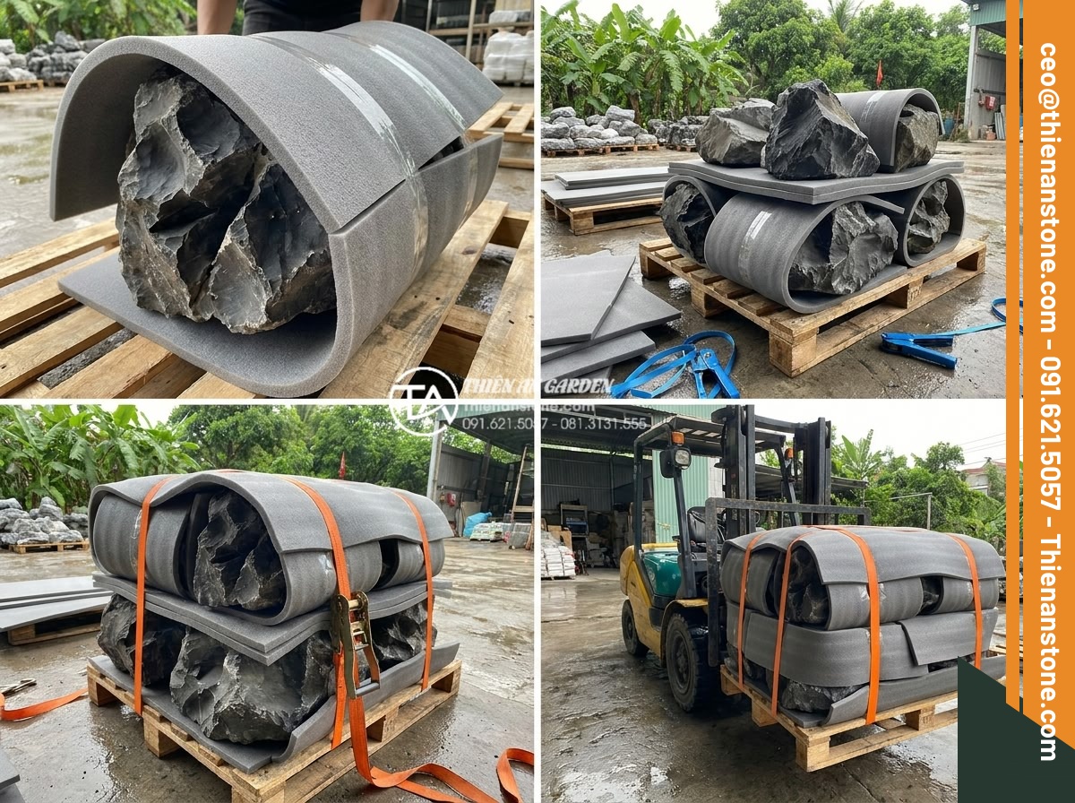 Cách vận chuyển đá tai mèo khối lượng lớn không bị nứt vỡ - Step-by-step professional packing of cat ear stones using foam, straps, and pall