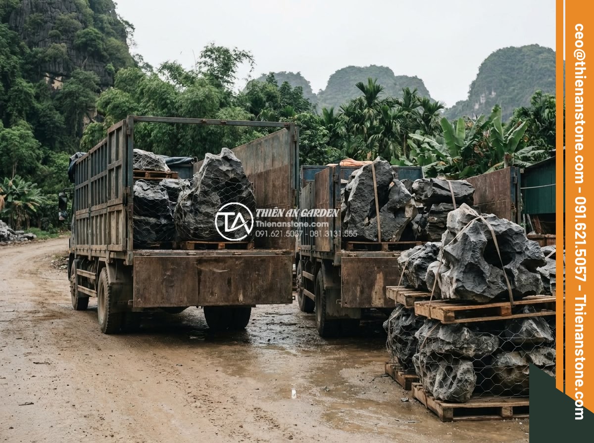 Cách vận chuyển đá tai mèo khối lượng lớn không bị nứt vỡ - Specialized trucks and containers loaded with securely packed cat ear stones for