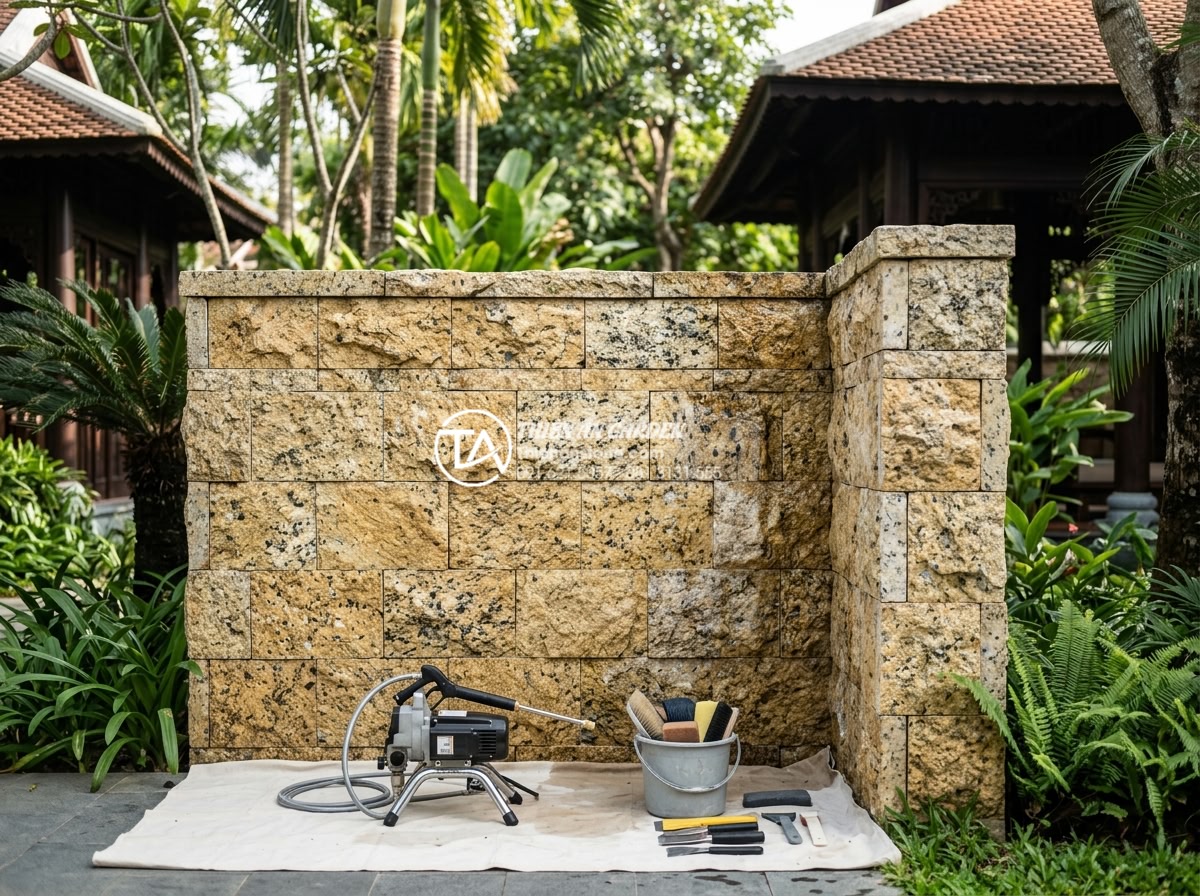 Cách xử lý tường ốp đá rối bị ố vàng và rêu mốc sau thời gian dài - Professional team from stone company performing expert maintenance on large ston