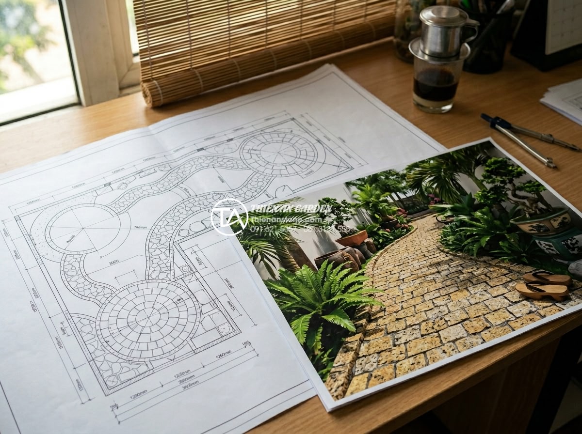 Có nên lát sân vườn bằng đá rối? Phân tích ưu và nhược điểm - Architectural blueprint and 3D rendering of a stone-paved garden layout with mea