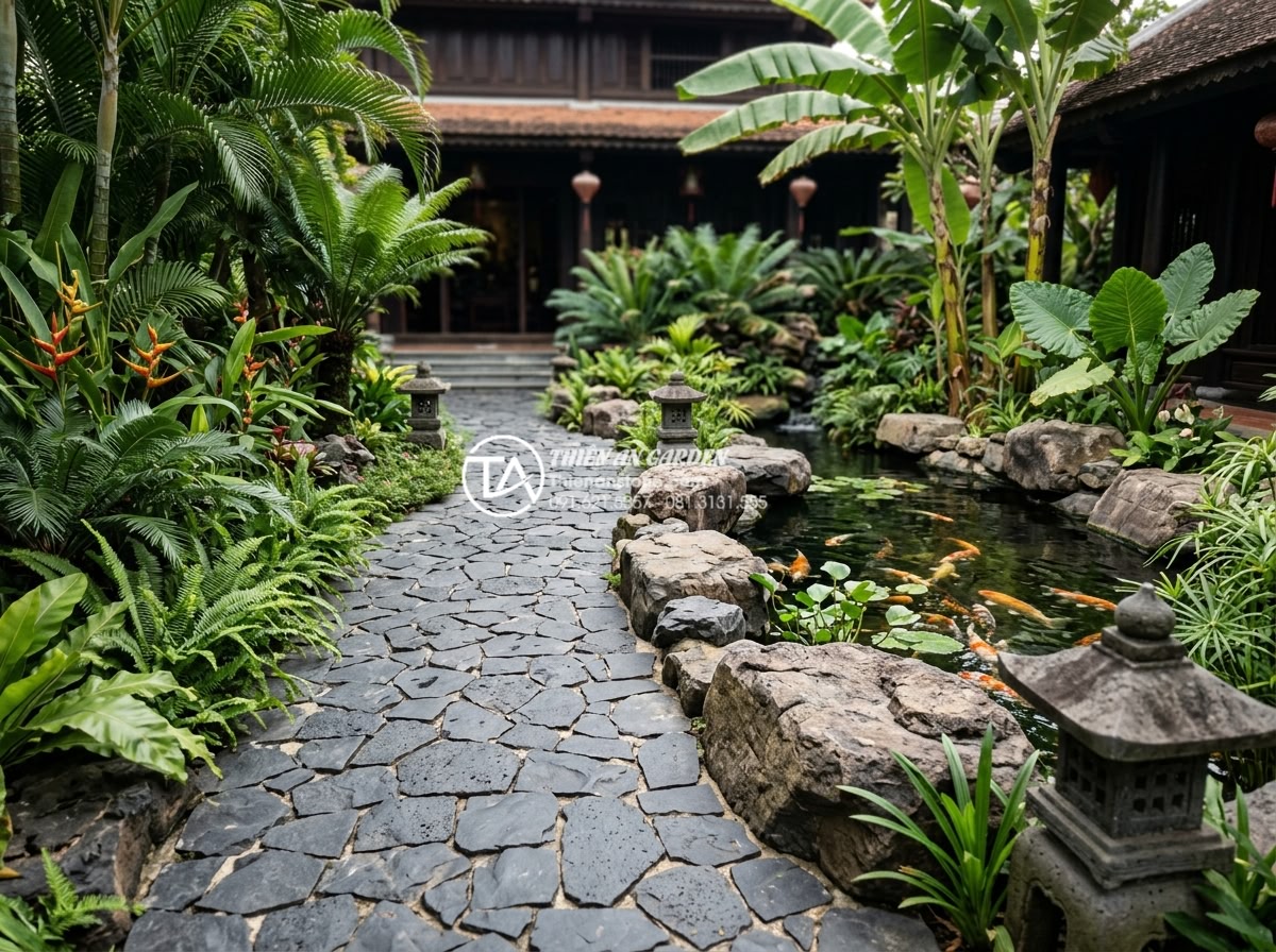 Có nên lát sân vườn bằng đá rối? Phân tích ưu và nhược điểm - Luxurious villa garden featuring tumbled stone pathways winding around a Koi pon