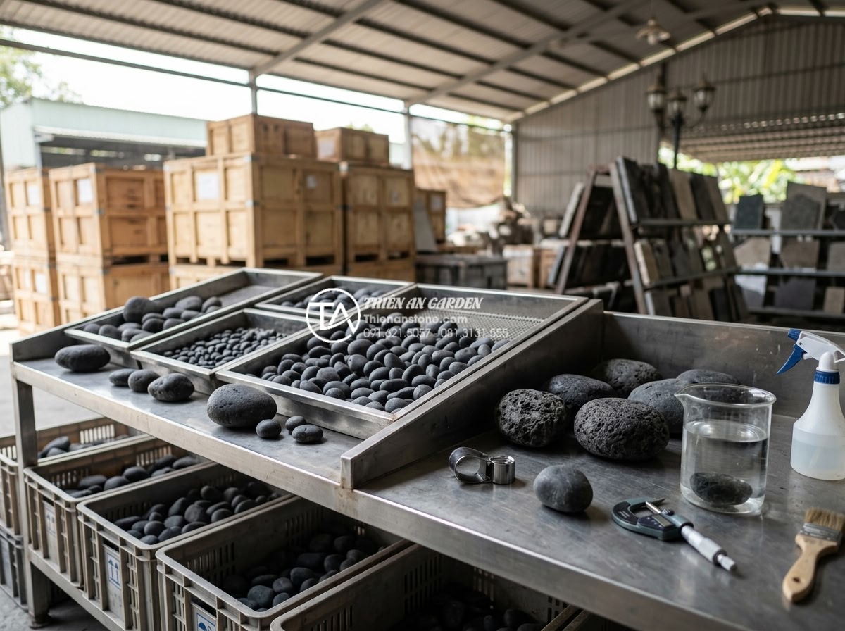 Có nên lát sân vườn bằng đá rối? Phân tích ưu và nhược điểm - Quality inspection process of natural tumbled stones at a professional stone sup