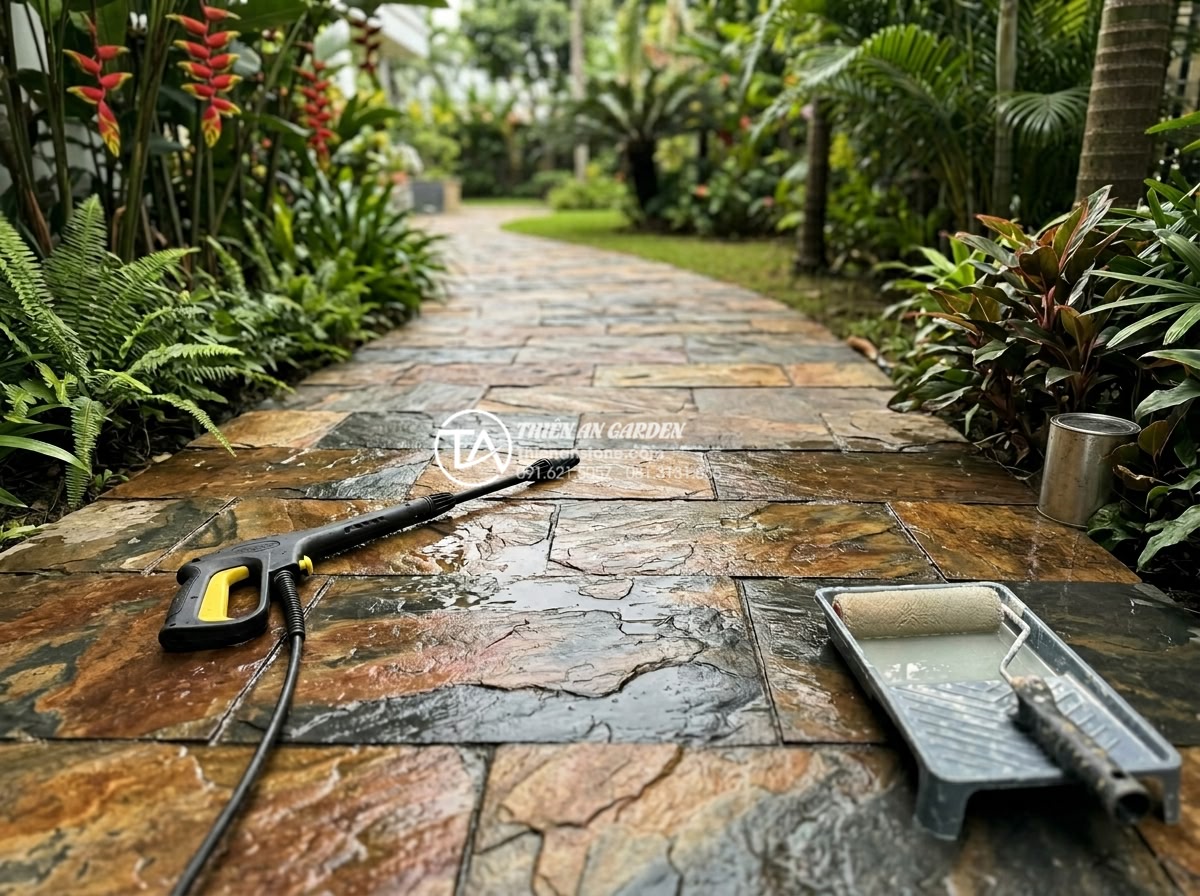 Có nên lát sân vườn bằng đá rối? Phân tích ưu và nhược điểm - Homeowner maintaining a stone garden path by gently cleaning tumbled pavers with