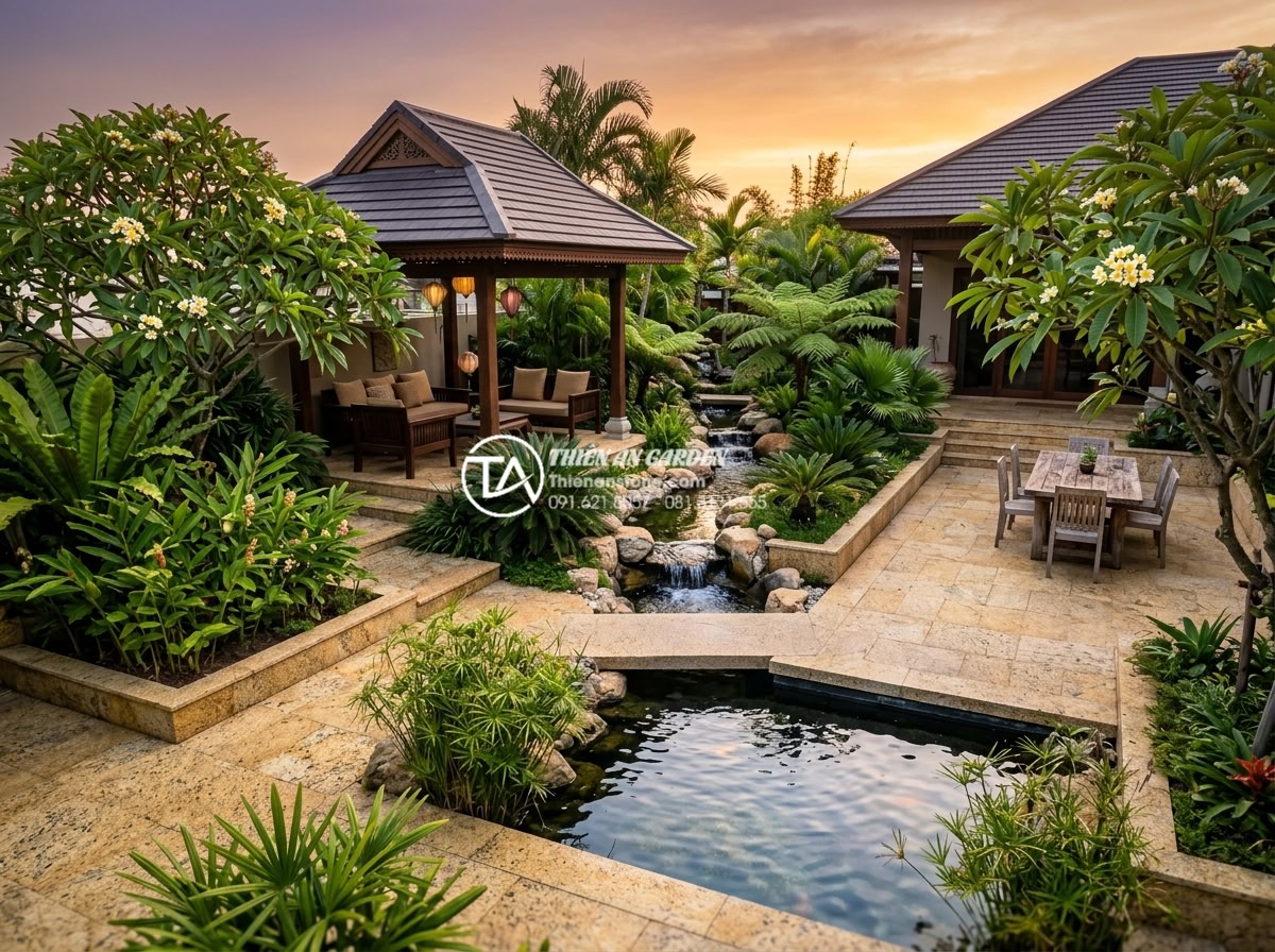Có nên lát sân vườn bằng đá rối? Phân tích ưu và nhược điểm - Final overview of a completed luxurious garden fully paved with natural tumbled 