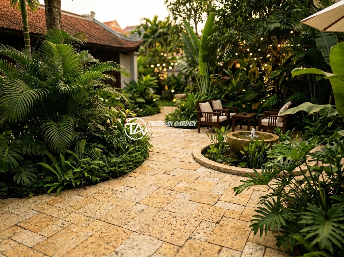 Có nên lát sân vườn bằng đá rối? Phân tích ưu và nhược điểm - Elegant modern garden courtyard paved entirely with natural tumbled stones in mi