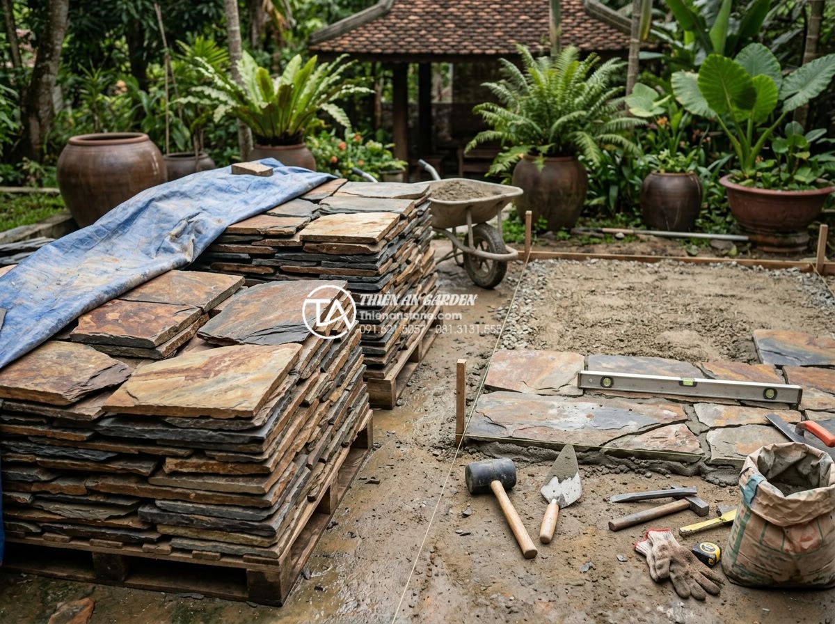 Có nên lát sân vườn bằng đá rối? Phân tích ưu và nhược điểm - Comparison photo of high initial cost factors: stacks of premium natural tumbled