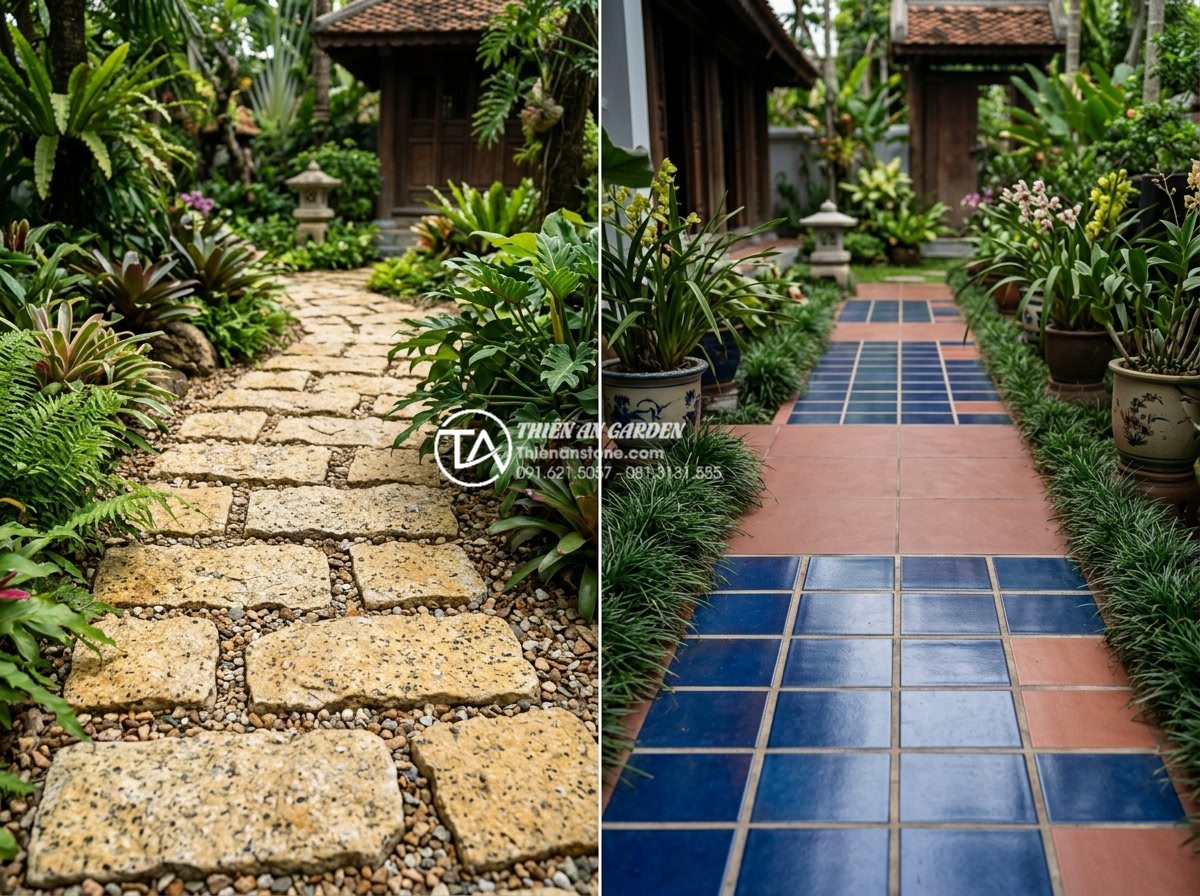 Có nên lát sân vườn bằng đá rối? Phân tích ưu và nhược điểm - Side-by-side comparison image showing natural tumbled stone paving versus cerami