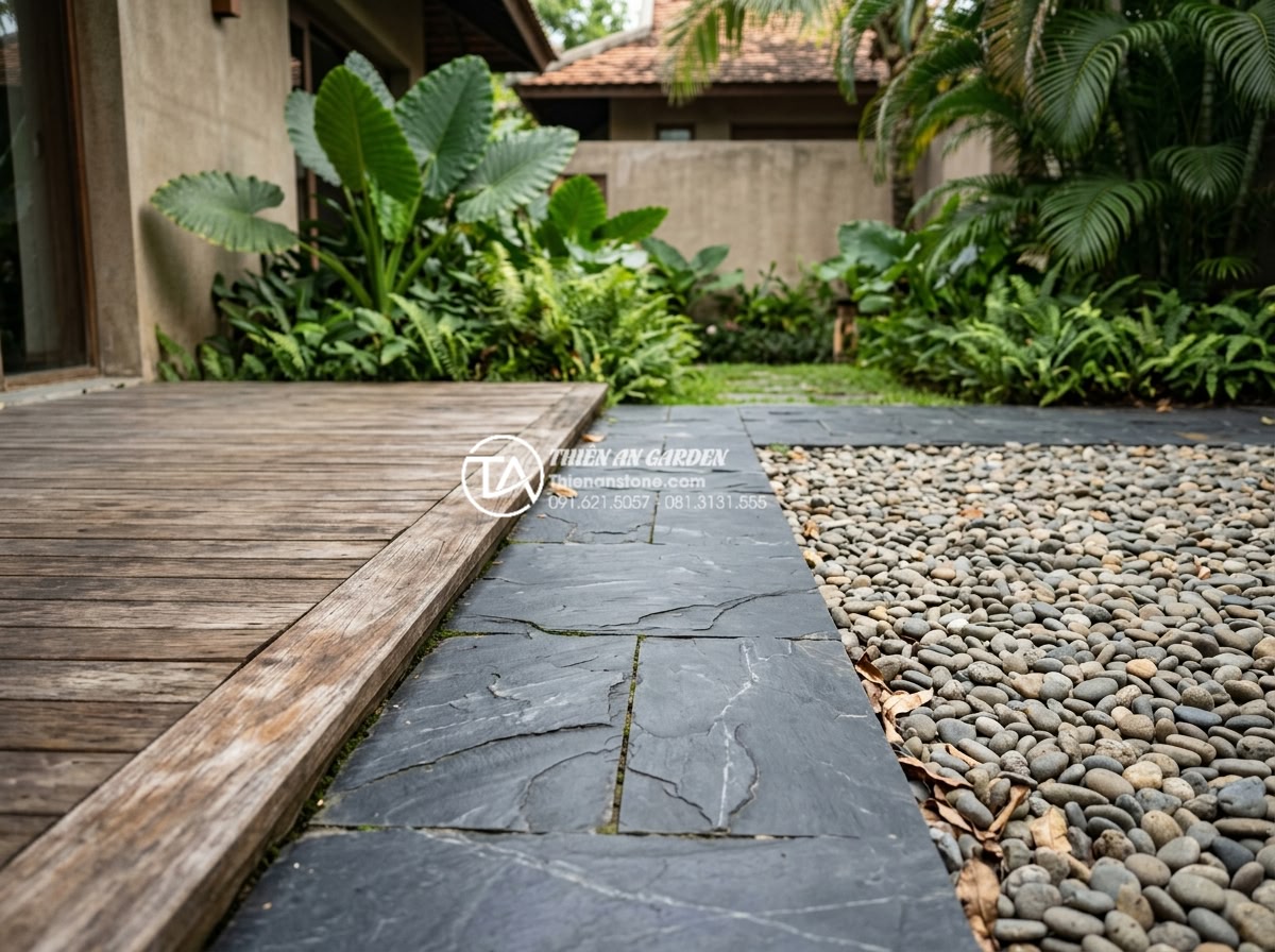 Có nên lát sân vườn bằng đá rối? Phân tích ưu và nhược điểm - Visual comparison of tumbled stone pavers next to wood decking and pebble stone 