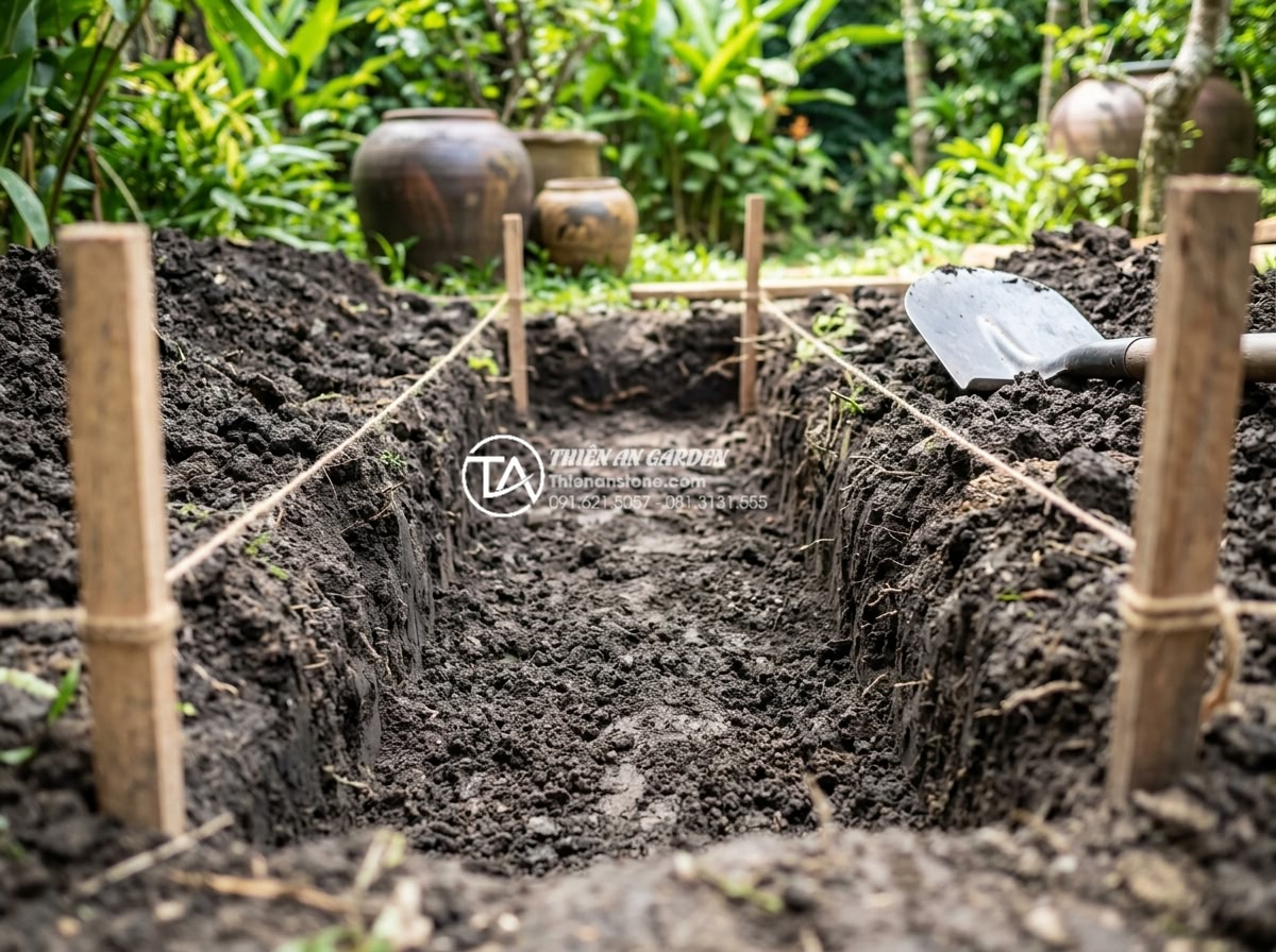 Có nên lát sân vườn bằng đá rối? Phân tích ưu và nhược điểm - Step-by-step preparation of garden soil base with gravel layer before installing
