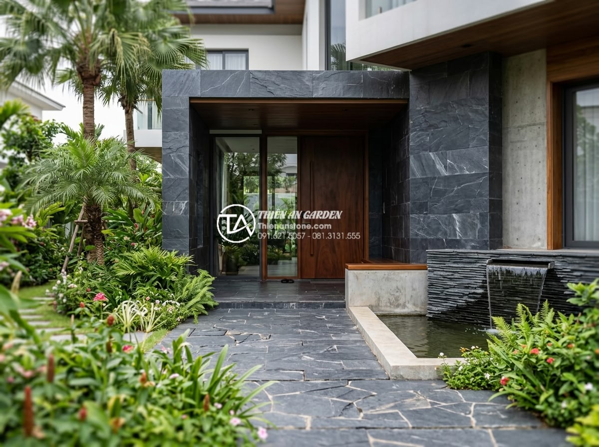 Đá rối đa sắc: Lựa chọn hàng đầu cho các resort và villa cao cấp - Modern luxury villa entrance with multi-colored stone accents creating a welcomi
