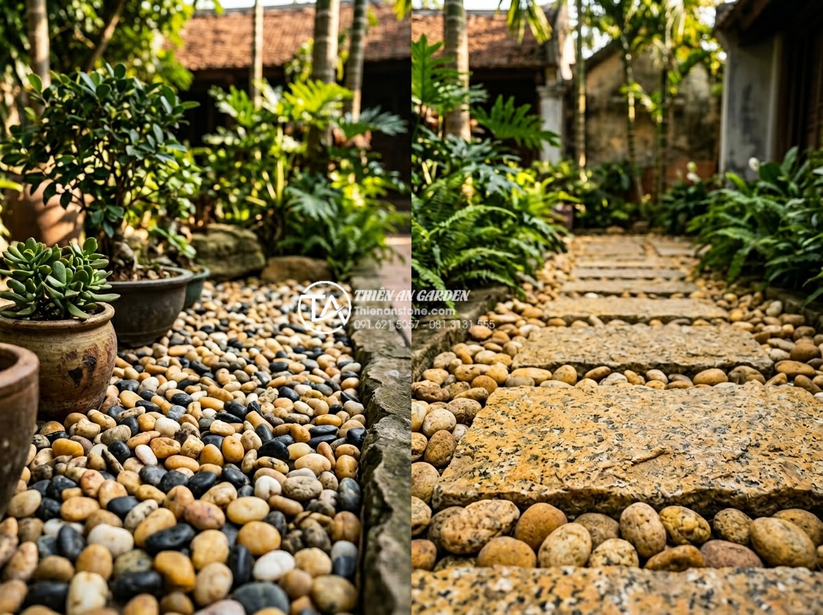 Đá rối đa sắc: Lựa chọn hàng đầu cho các resort và villa cao cấp - Side by side comparison of multi-colored tumbled stones versus round pebbles and