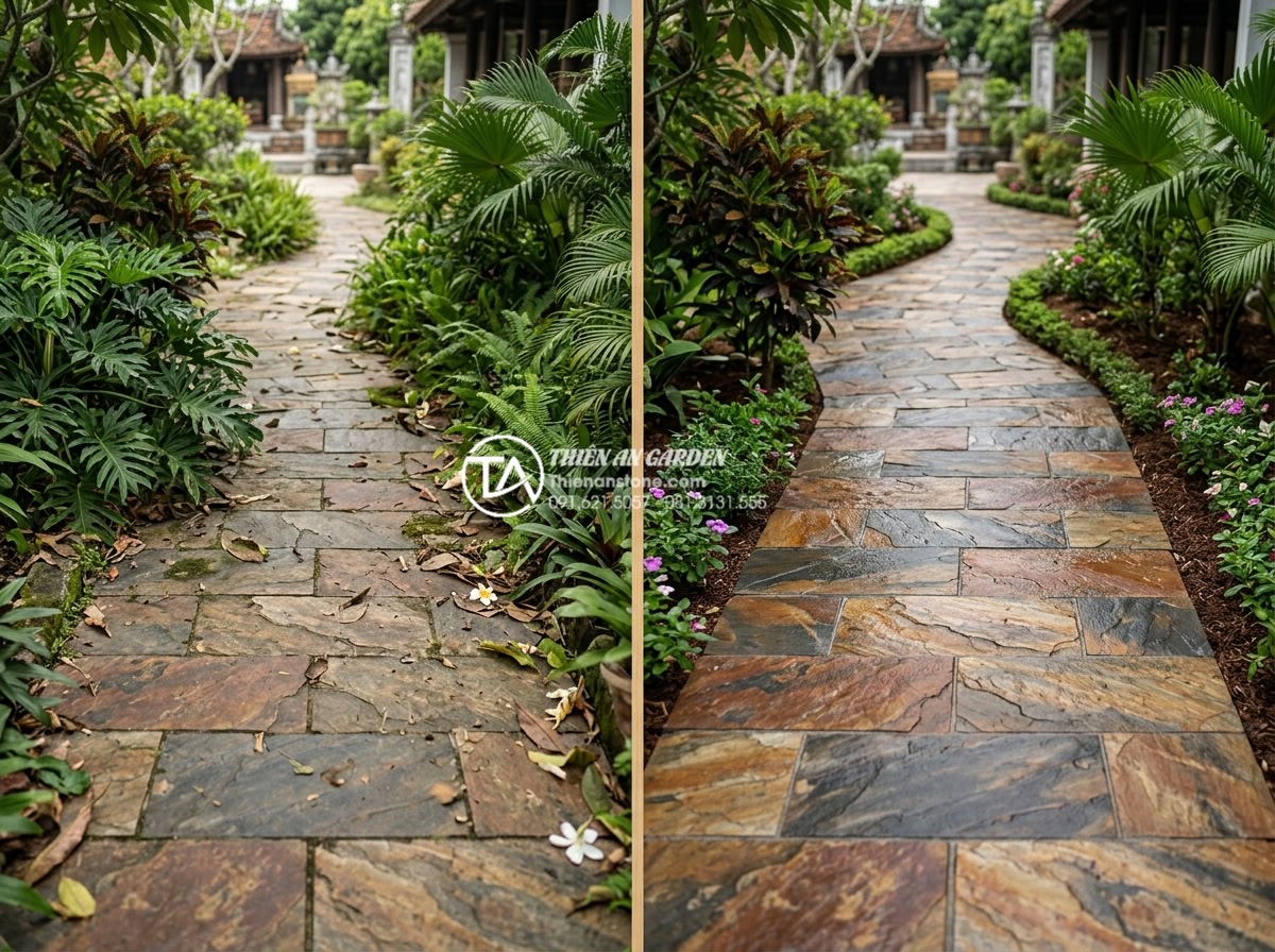 Đá rối đa sắc: Lựa chọn hàng đầu cho các resort và villa cao cấp - Before and after maintenance photos of colorful river stone garden features show