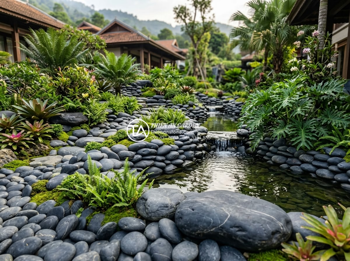 Đá rối đa sắc: Lựa chọn hàng đầu cho các resort và villa cao cấp - Wide angle shot of multi-colored tumbled stones from Lai Chau province arranged 