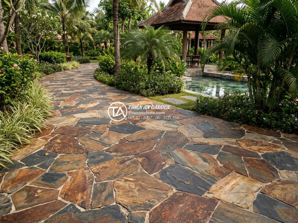 Đá rối đa sắc: Lựa chọn hàng đầu cho các resort và villa cao cấp - Completed luxury resort garden project by Thien An Stone company using premium m