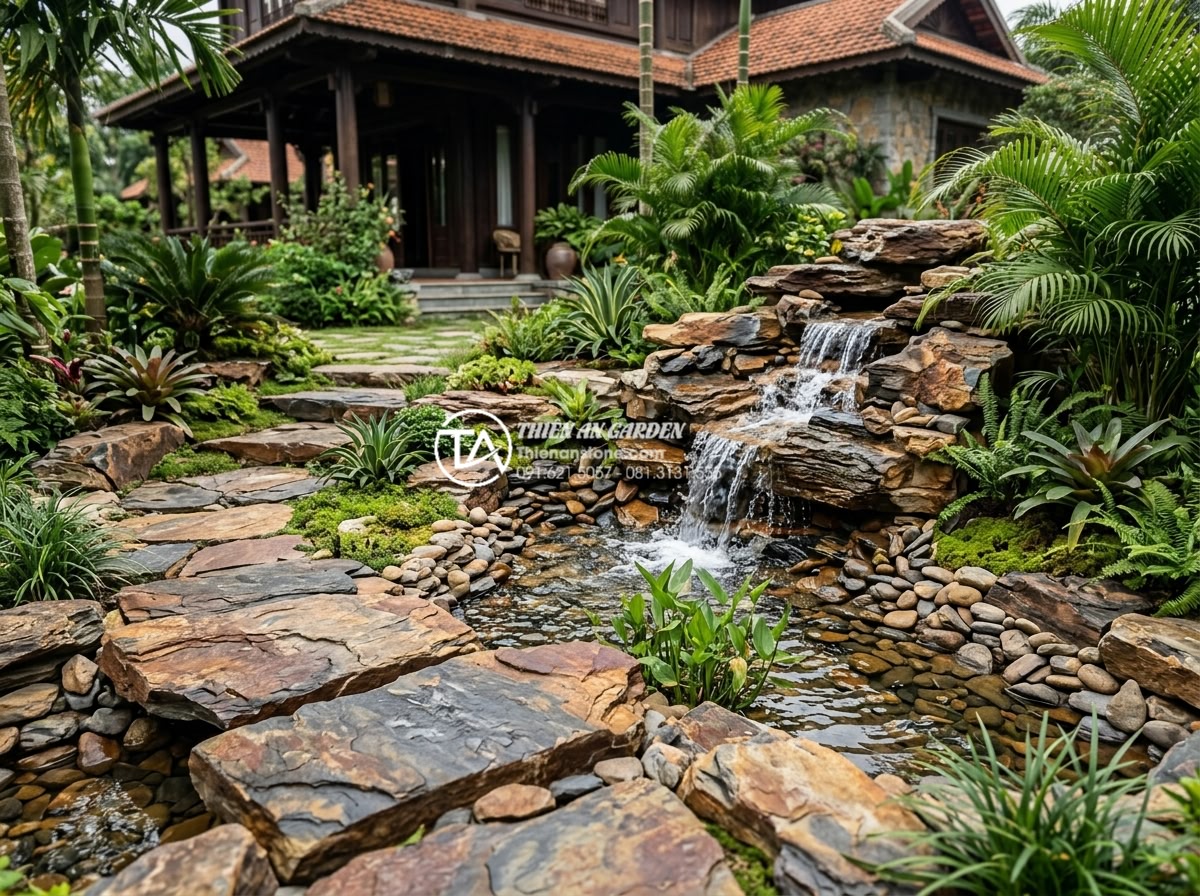 Đá rối đa sắc: Lựa chọn hàng đầu cho các resort và villa cao cấp - Artistic arrangement of multicolored natural stones creating a rustic yet luxuri