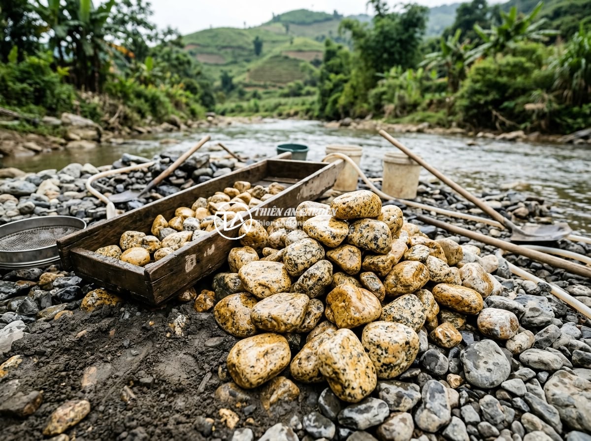 Đá rối đa sắc: Lựa chọn hàng đầu cho các resort và villa cao cấp - Workers carefully selecting and washing multi-colored irregular river stones fro